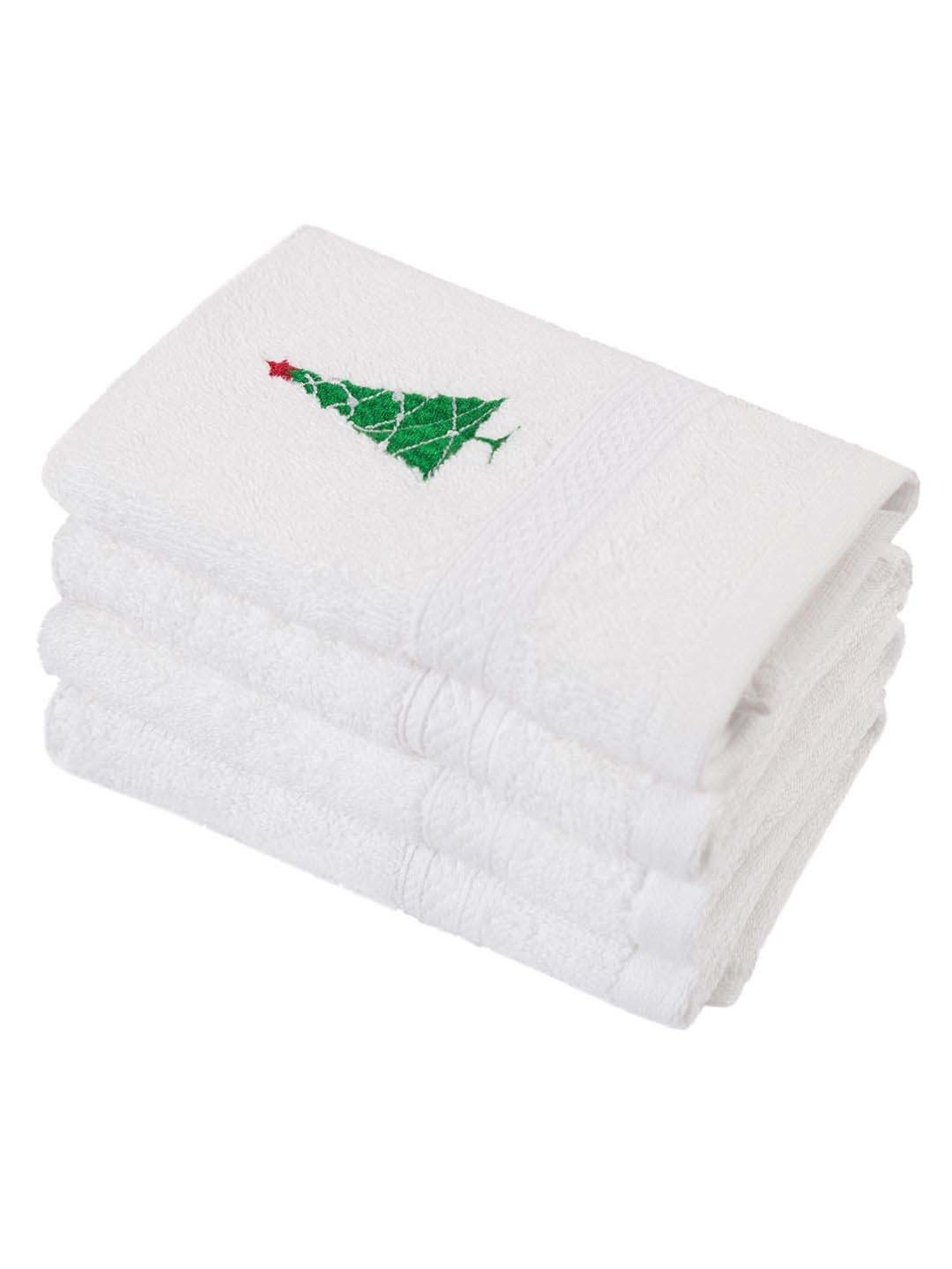 Petal Home Christmas Tree Ultralux White & Green Cotton 550 GSM Face Towel - Set of 4