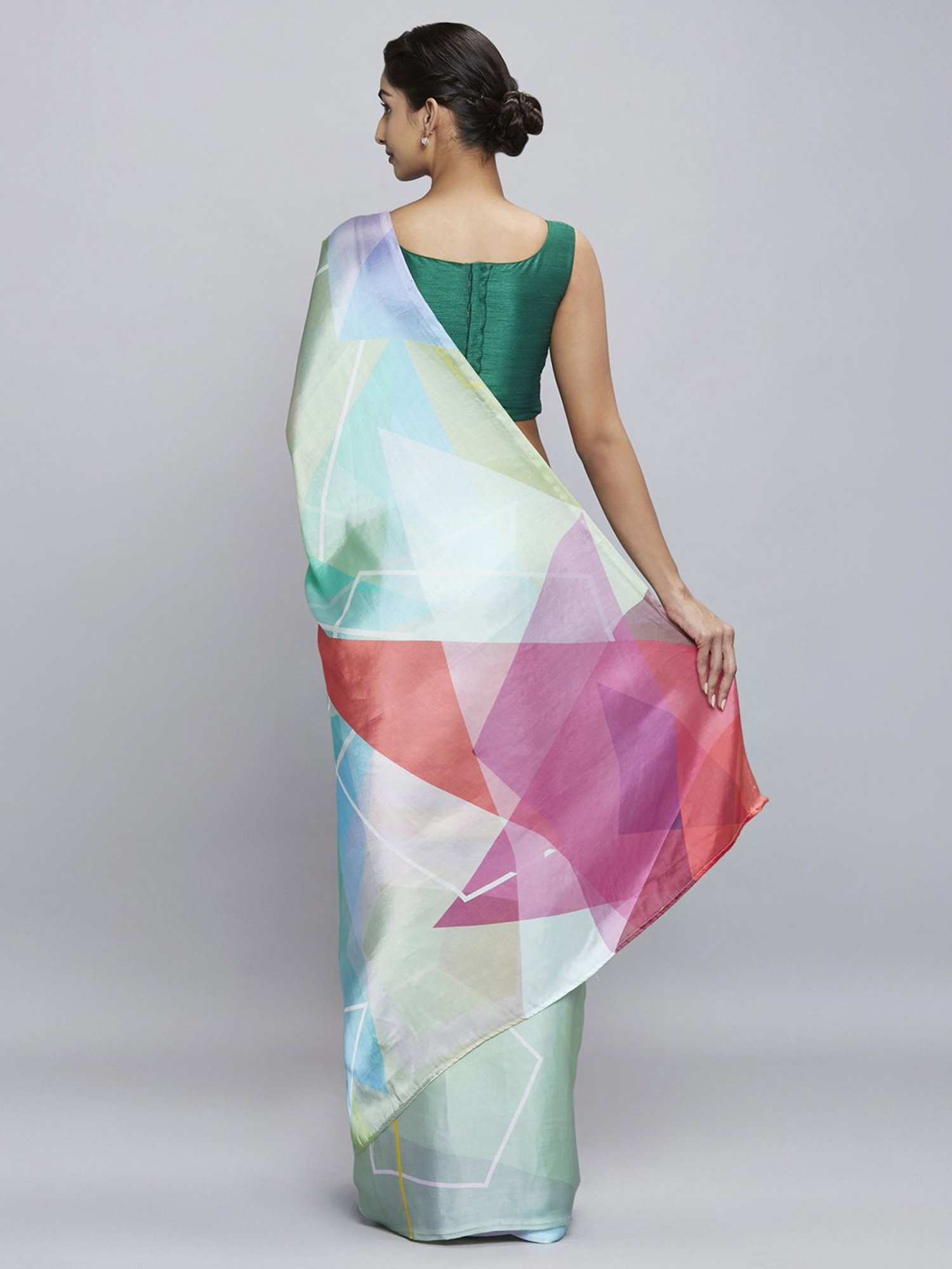 Navyasa Sea Green Liva Satin Geometric Printed Saree With Coordinated Unstitched Blouse Piece