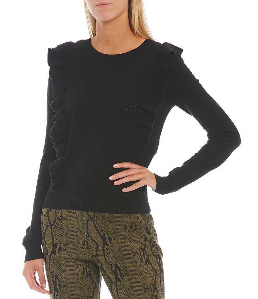 Sugarlips Pointelle Waterfall Ruffle Long Sleeve Crew Neck Sweater