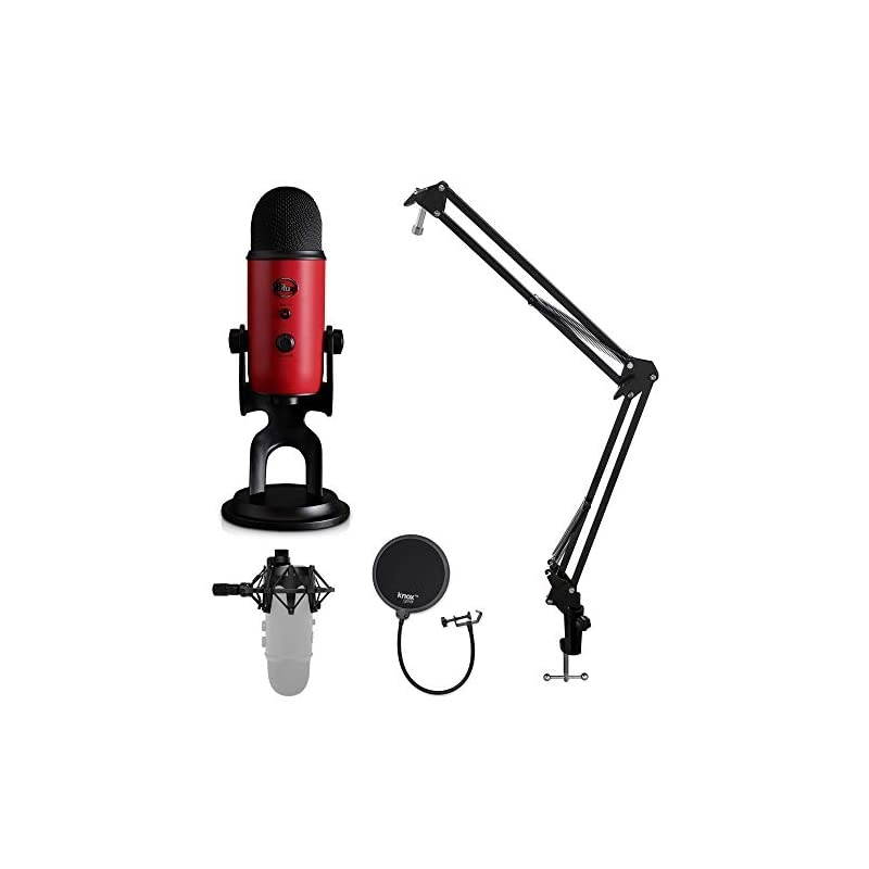 Yeti USB Microphone (Satin Red) with Knox Shock Mount, Studio Stand and Pop Filter