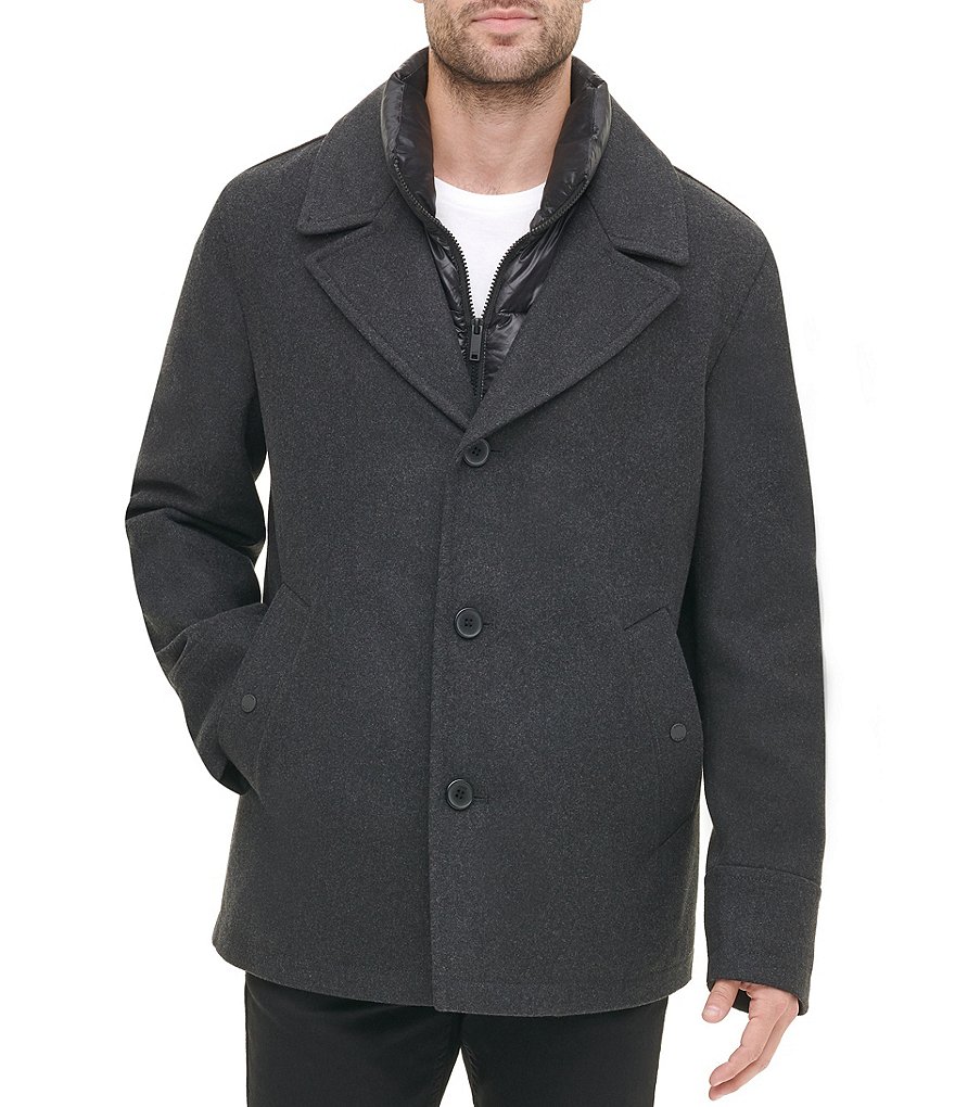 DKNY Long-Sleeve Nylon Quilted-Bib Wool-Blend Peacoat