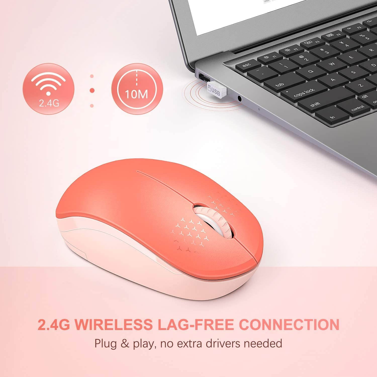 Wireless Mouse 2.4G Noiseless Mouse with USB Receiver - seenda Portable Computer Mice for PC Tablet Laptop - Living Coral&Pink