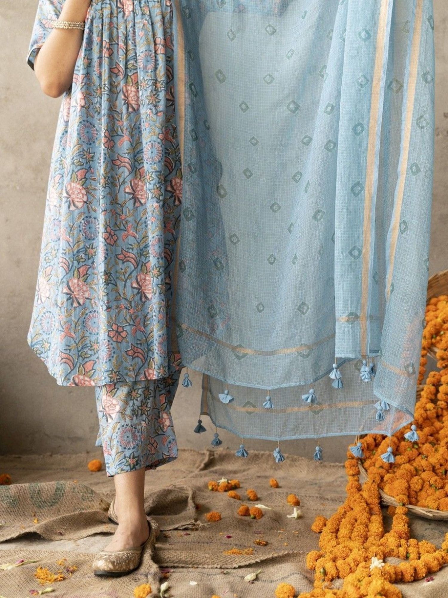 Akiso Reet Blue Cotton Chanderi Bandhni Dupatta
