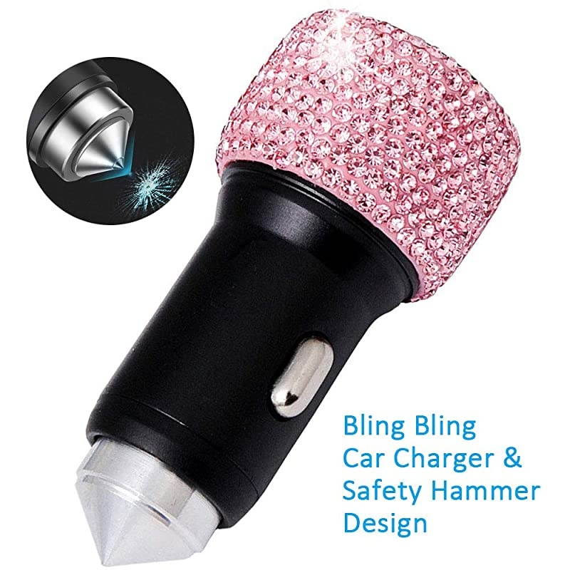 USB Car Charger 5V21A Pink Crystal Decoration Dual Port Fast Adapter with 39ft Nylon Type CMicro USB 3in1 Multi Charging Cable for iPhone iPad Android Car Interior Accessories for Women