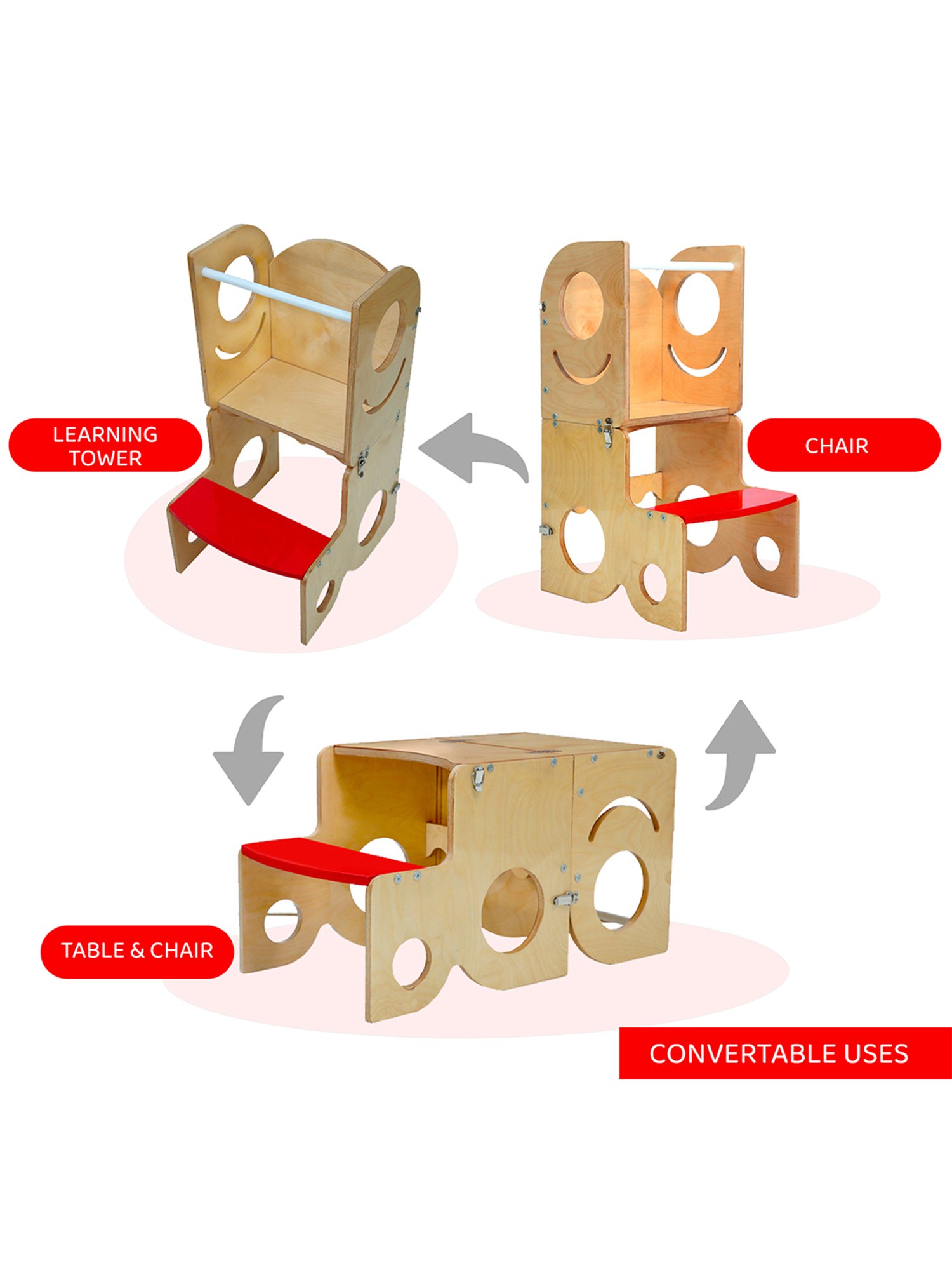 Kiddery Natural Wooden Learning Tower Cum Table & Chair (Age 1-3 years)