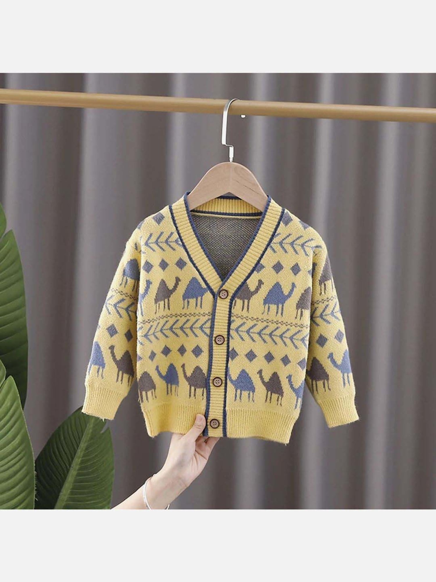 Little Surprise Box Camel Troop Yellow & Blue Printed Full Sleeves Cardigan