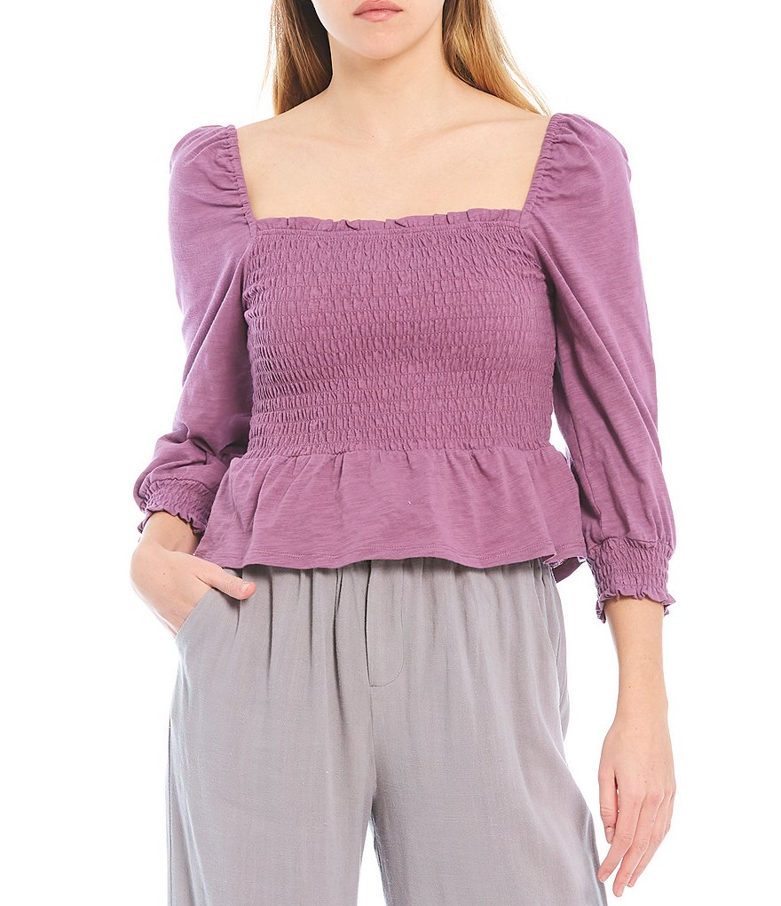 Shabby Chic Derby Slub Knit Square Neck Smocked Long Sleeve Flounce Hem Top