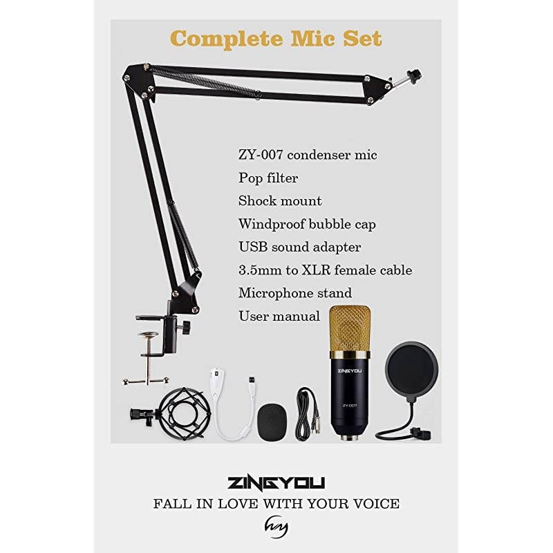 Condenser Microphone Bundle, ZY-007 Professional Cardioid Studio Condenser Mic Include Adjustable Suspension Scissor Arm Stand, Shock Mount and Pop Filter, Studio Recording & Broadcasting