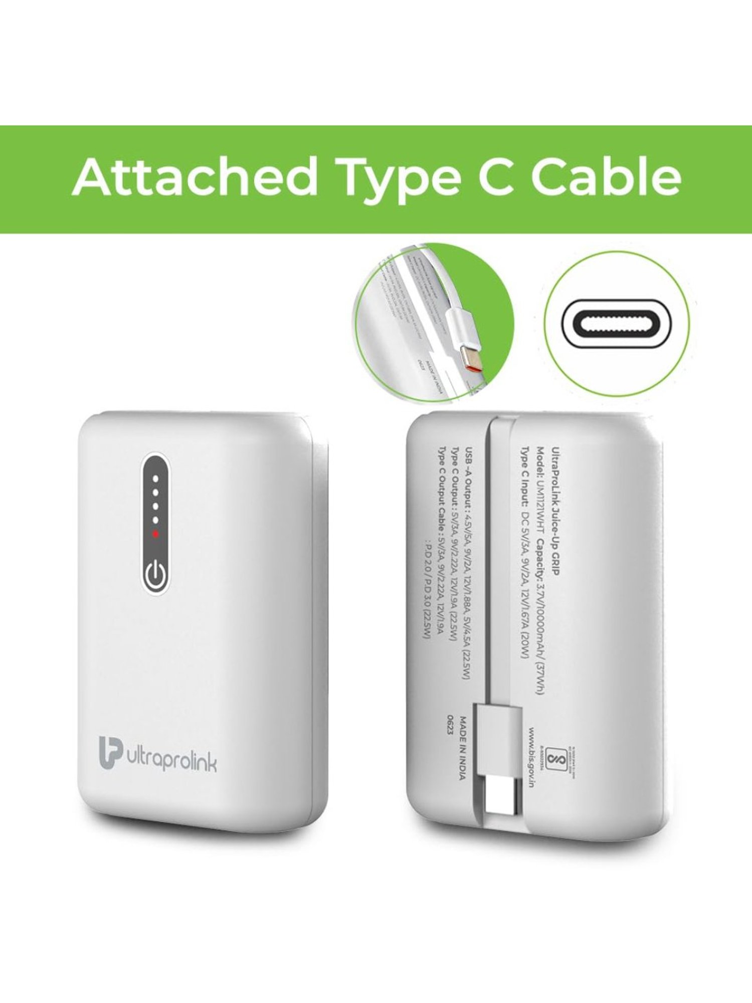 UltraProlink UM1121 10000mAh 22.5W Juice-UP Grip Compact Power Bank with LED Indicators (White)