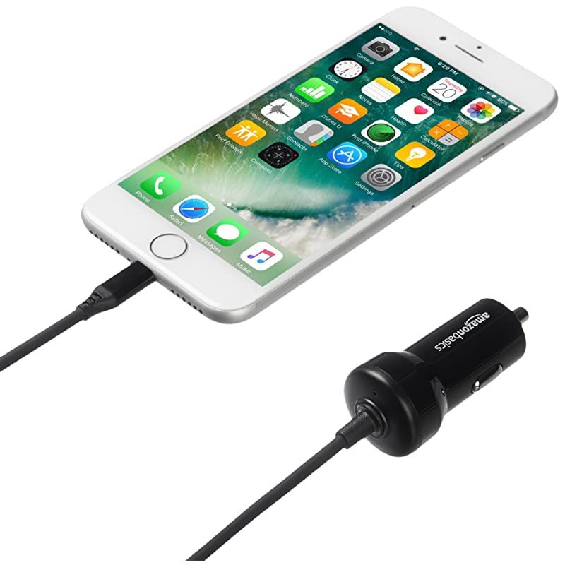 Basics Coiled Cable Lightning Car Charger - 5V 12W - 1.5 Foot, Black, 5-Pack