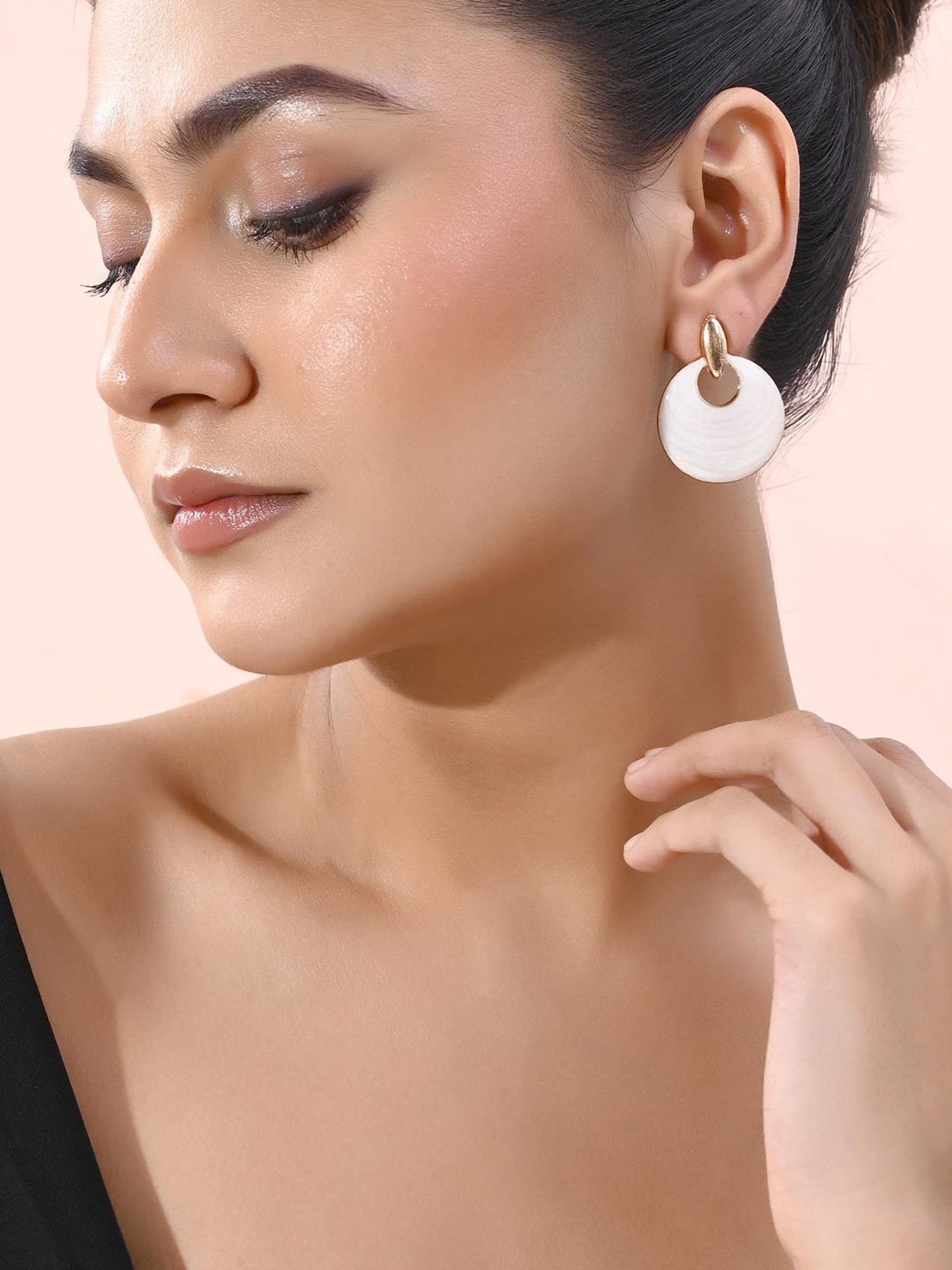 VOJ Gold-Plated Korean Style White Circular Studs Earrings for Women