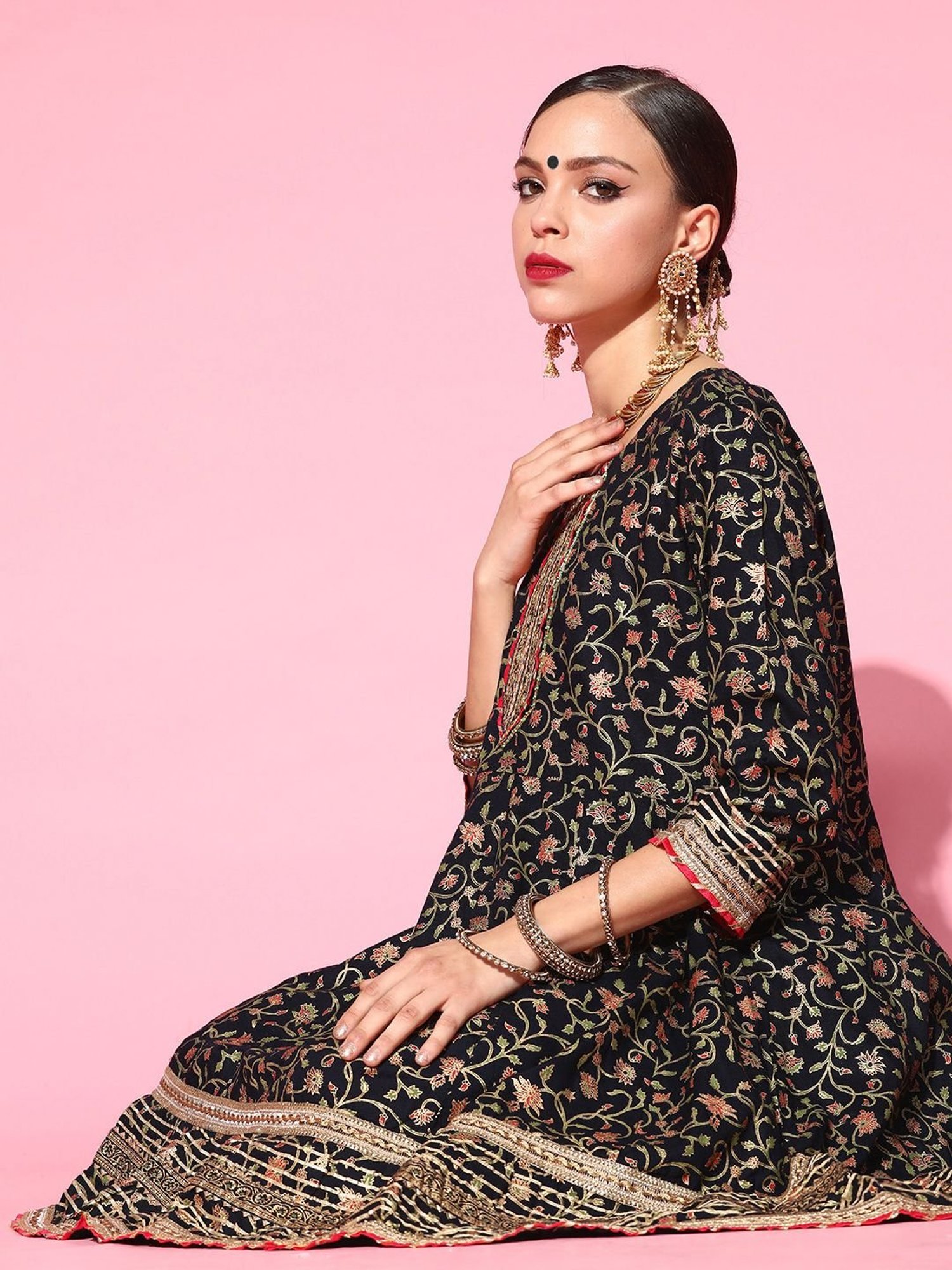 Ishin Navy Pure Cotton Embellished Kurta Sharara Set With Dupatta