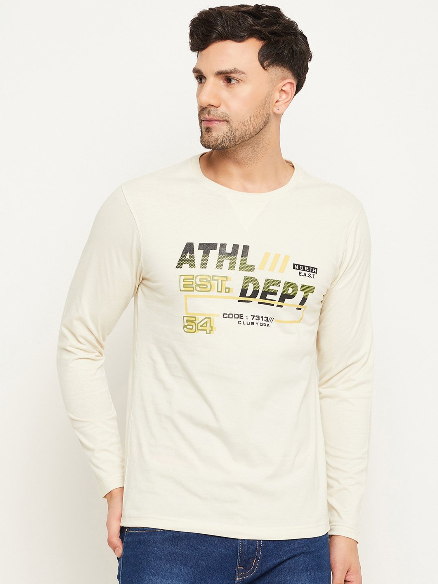 Club York Off White Regular Fit Printed Crew T-Shirt