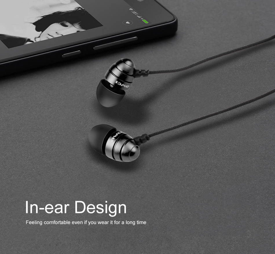 AWEI ESQ2 Fashionable Deisgn Metal 3.5MM Plug Stereo Music Deep Bass In-Ear Earphones with Microphone for Mobile Phones