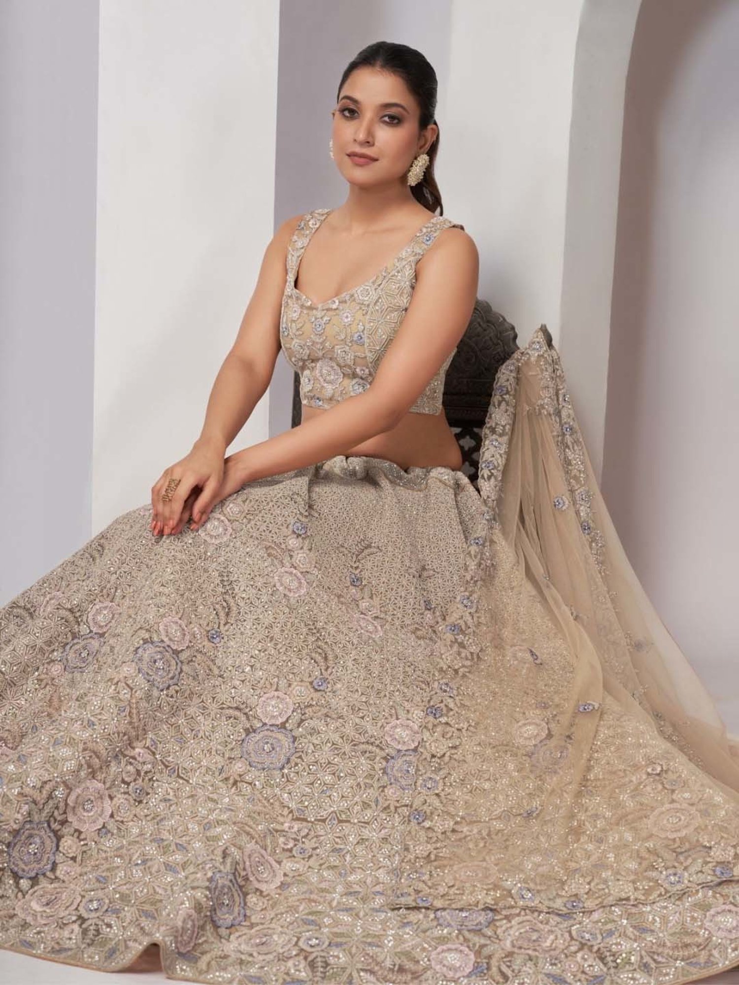 Odette Beige Embroidered Lehenga Choli Set With Dupatta