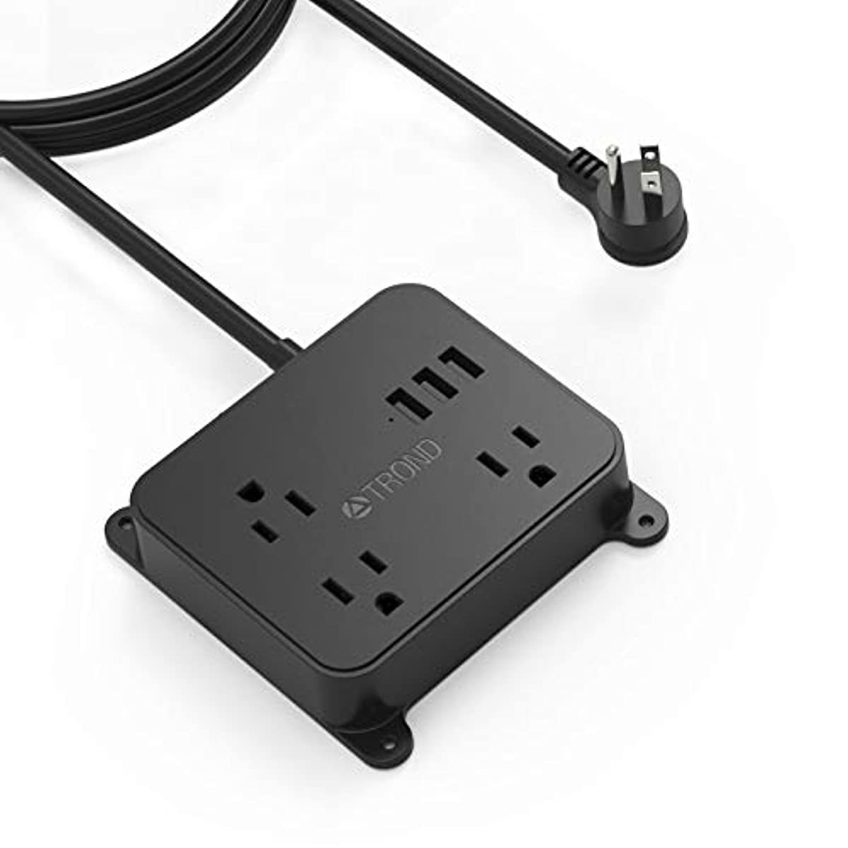 TROND Power Strip with 3 Widely Spaced Outlets and 3 USB Ports, 10 Ft Long Extension Cord , Flat Plug, Wall Mountable, Compact Desktop Charging Station for Dorm Room Home Office, Black