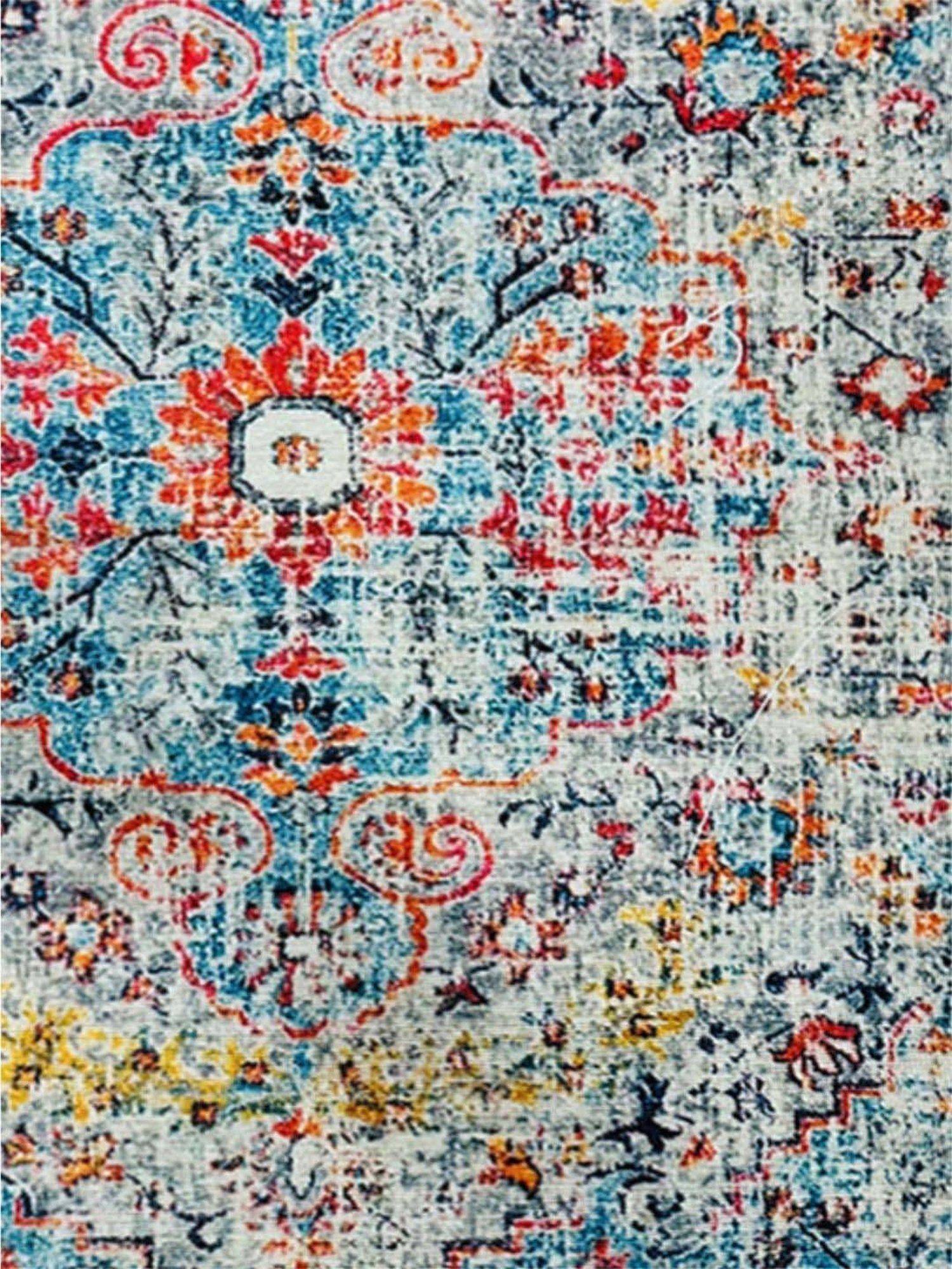 Urban Space Blue Chenille Ethnic Motifs Anti-Skid Carpet