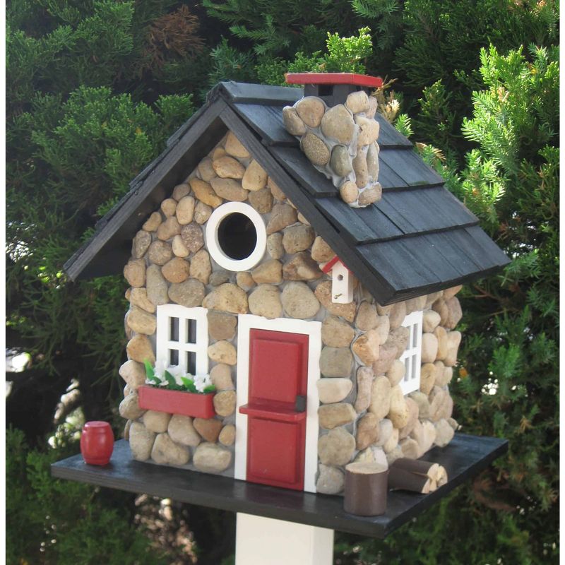 Home Bazaar CC-2024 Windy Ridge Decorative Stone Cottage Bird House, Red & Black