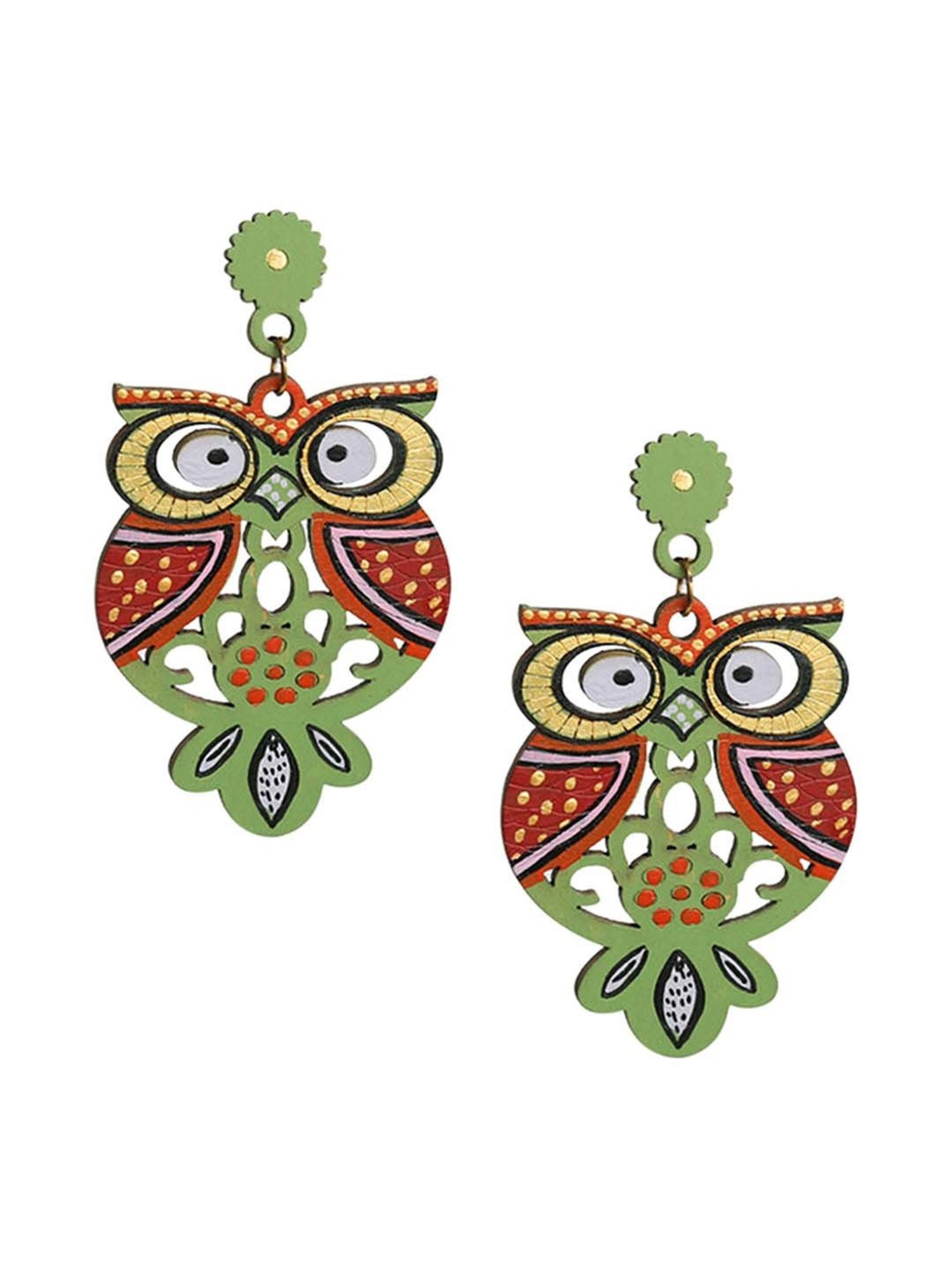 ExclusiveLane 'Symphony of Owls' Olive Green & Red Handpainted Earrings in Recycled Wood