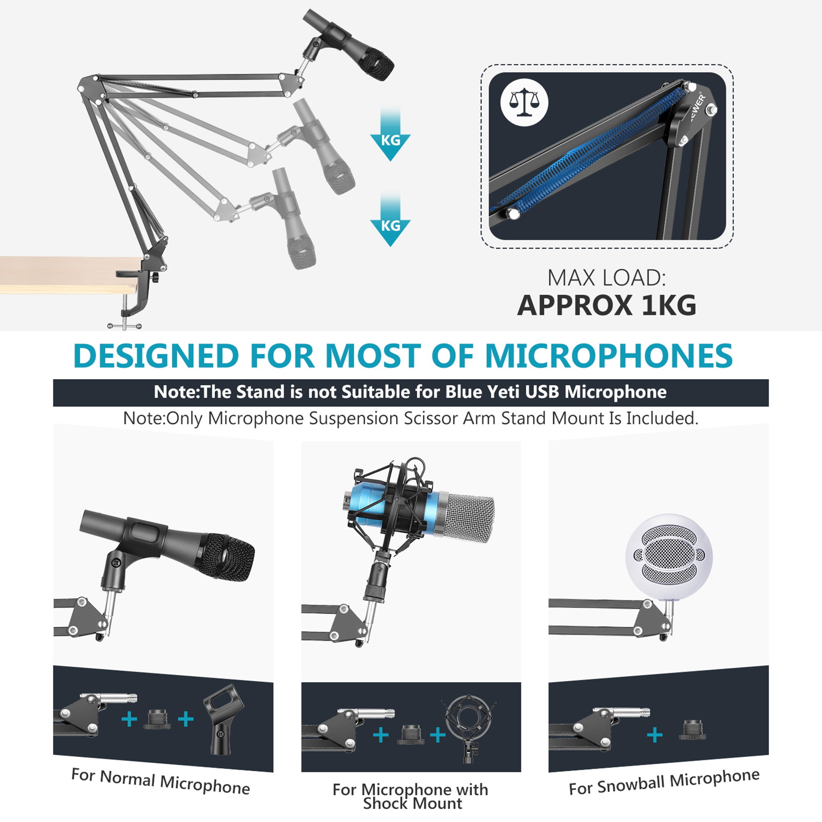 NEEWER Adjustable Microphone Suspension Boom Scissor Arm Stand, Max Load 1 KG Compact Mic Stand for Radio Broadcasting, Voice-Over, Stage and TV Stations, Compatible with Blue Yeti Snowball Yeti X,etc