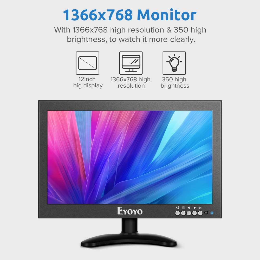 Eyoyo 12" Big HDMI IPS Monitor, 1366x768 resoluton16:9 170&deg;viewing Metal Housing LED Screen Support HDMI/VGA/AV/BNC Input Video Audio Built-in Speaker for PC CCTV Security Camera Raspberry Pi Computer