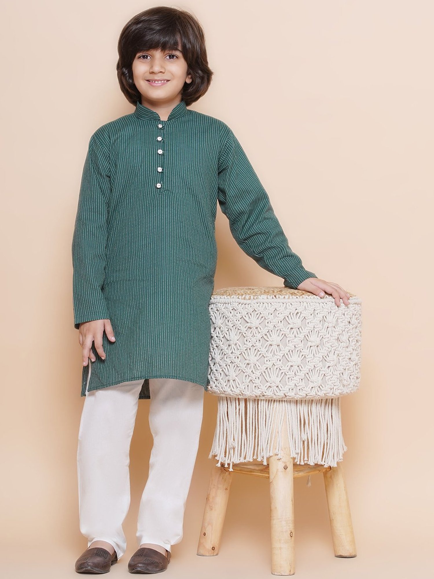 VASTRAMAY Boys Yellow & White Cotton Printed Full Sleeves Kurta Sets