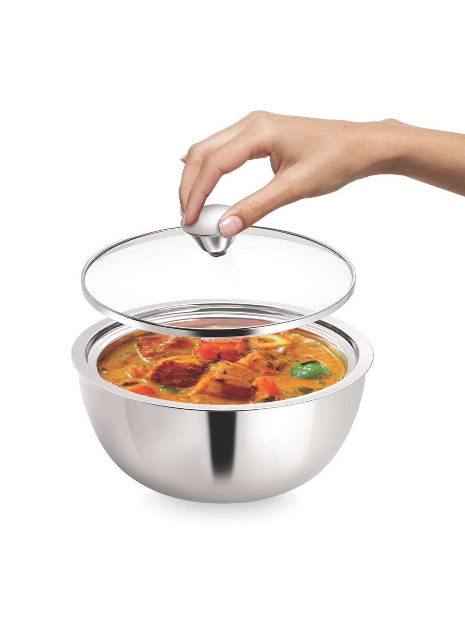 Femora Stainless Steel Double Wall Insulated Curry Serving Bowl with Lid (500 ml) - Set of 1
