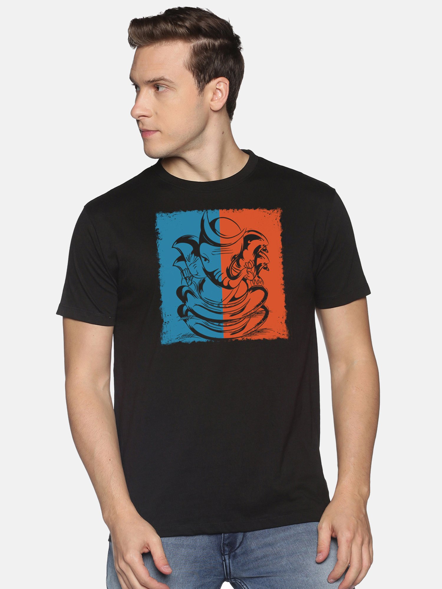 BLACK RADIO Black Slim Fit Printed Cotton Crew T-Shirt