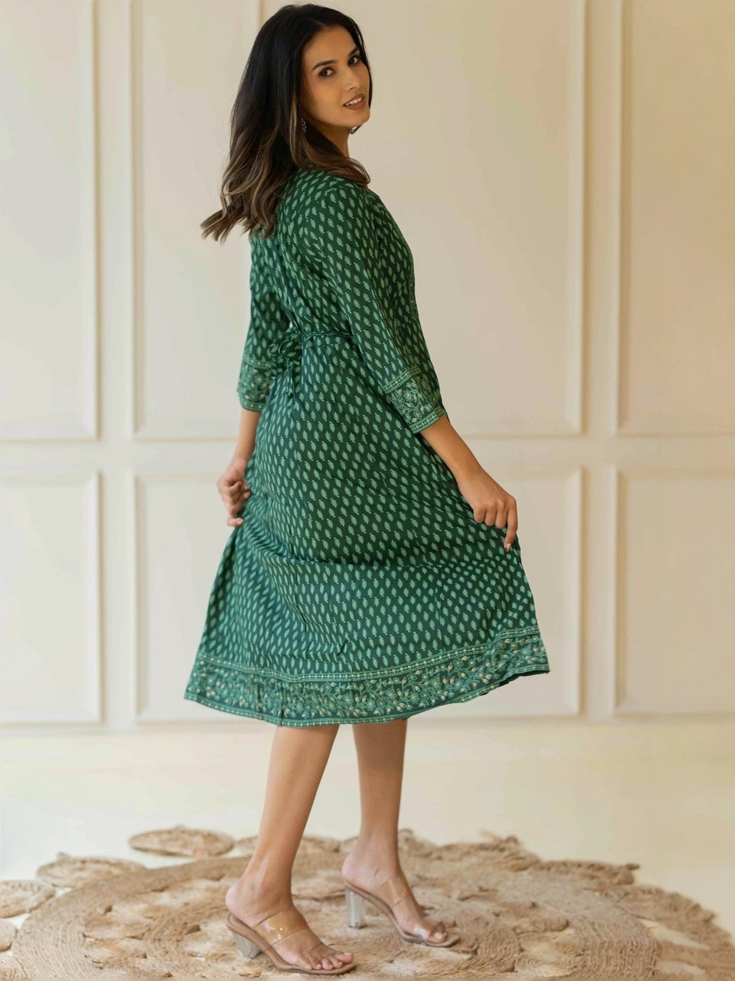 MIRCHI FASHION Green Cotton Printed A-Line Dress