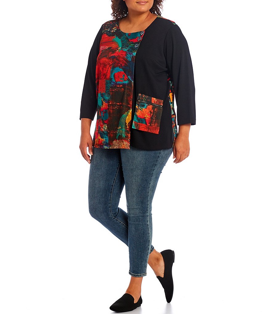 Ali Miles Plus Size Abstract Print Colorblock Zip Pocket Scoop Neck 3/4 Sleeve Tunic