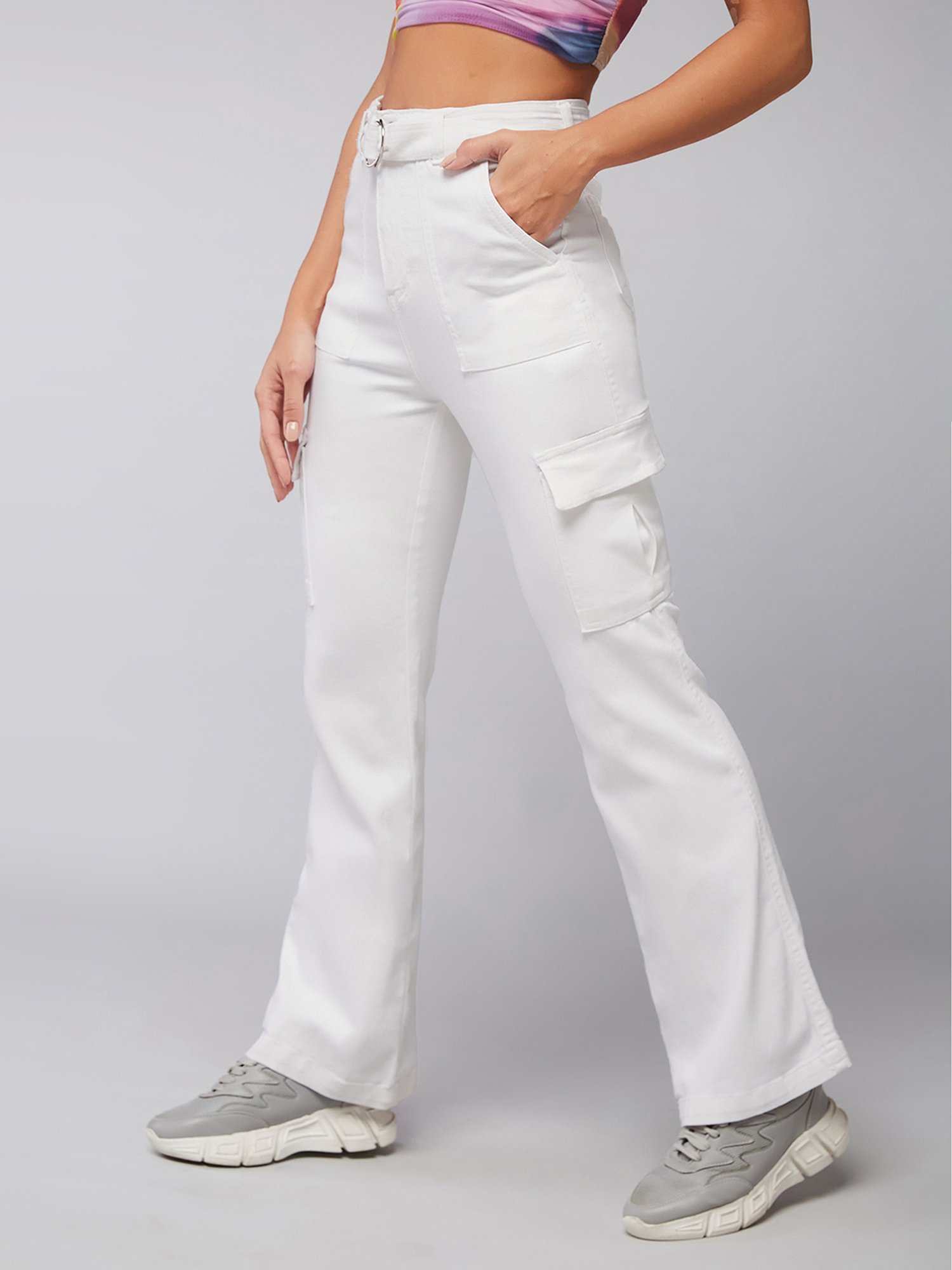 DOLCE CRUDO White High Rise Stretchable Cargo Jeans