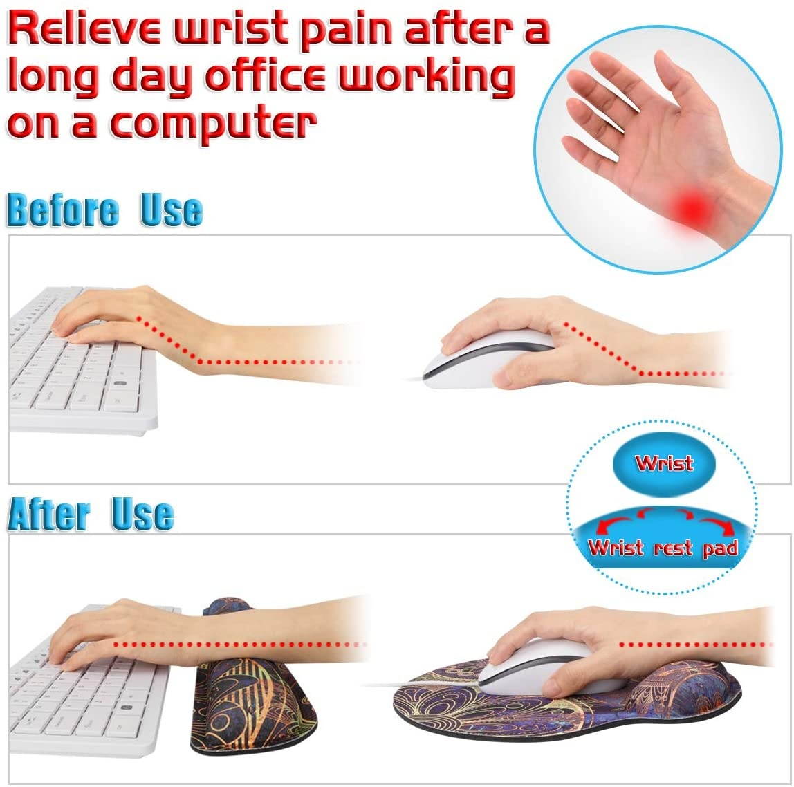 Keyboard Wrist Rest Pad and Mouse Pad Wrist Support, Ergonomic Raised Memory Foam, Non Slip PU Rubber Base [Pain Relief] for Office, Computer, Laptop, Typist, Gamer