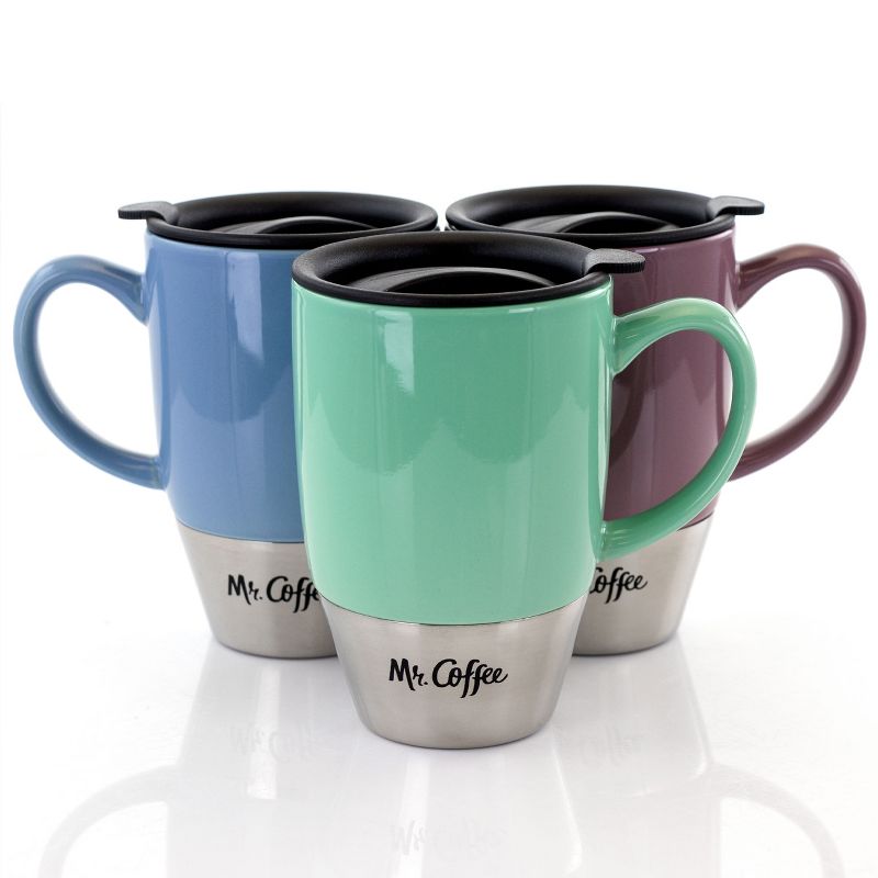 Mr. Coffee Couplet Pastel 3 Piece 15 Ounce Stoneware and Stainless Steel Travel Cups