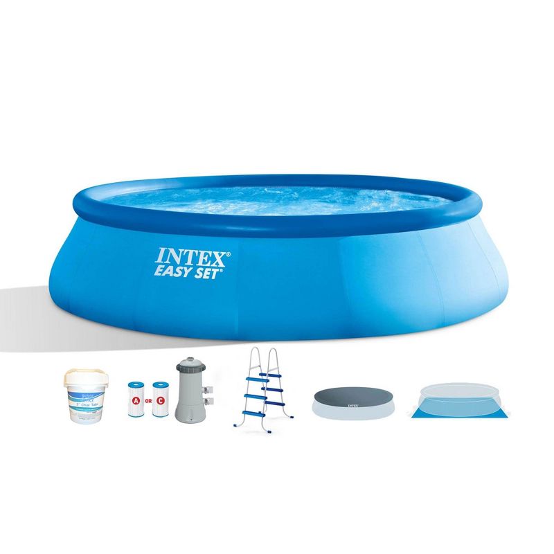 Intex 26165EH 15ft x 42in Above Ground Inflatable Swimming Pool Bundle with Pump, Ladder, Cover, and 10 Pound Bucket of Chlorine Tablets