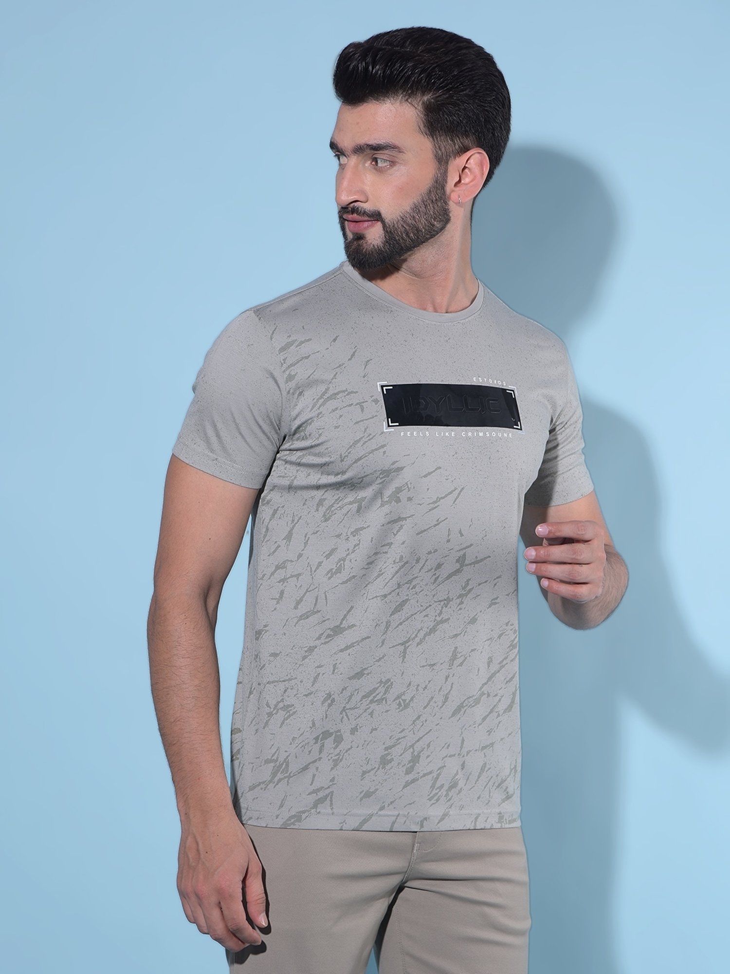 Crimsoune Club Grey Cotton Regular Fit Printed T-Shirt
