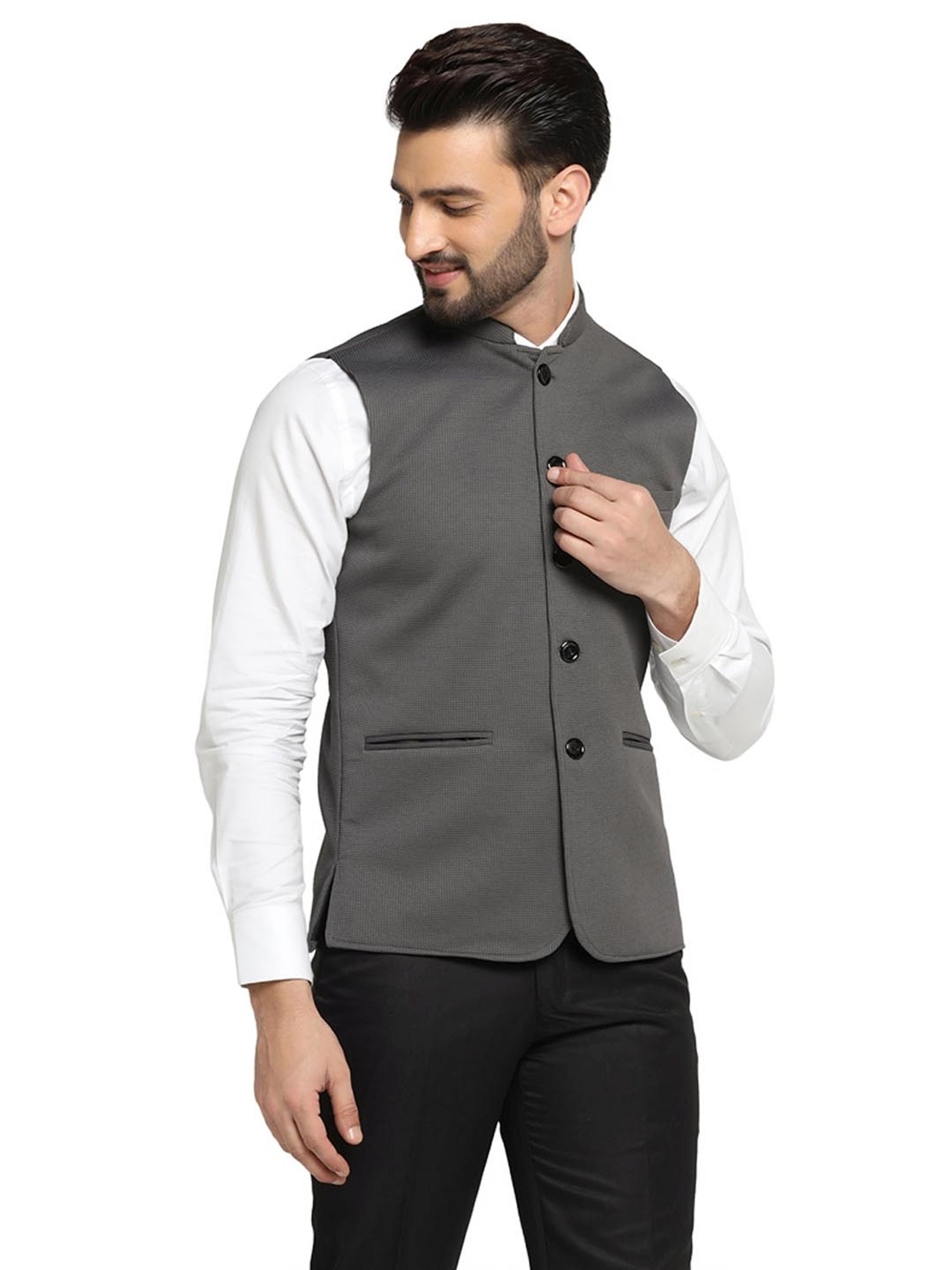 TAHVO Grey Satin Slim Fit Self Pattern Nehru Jacket