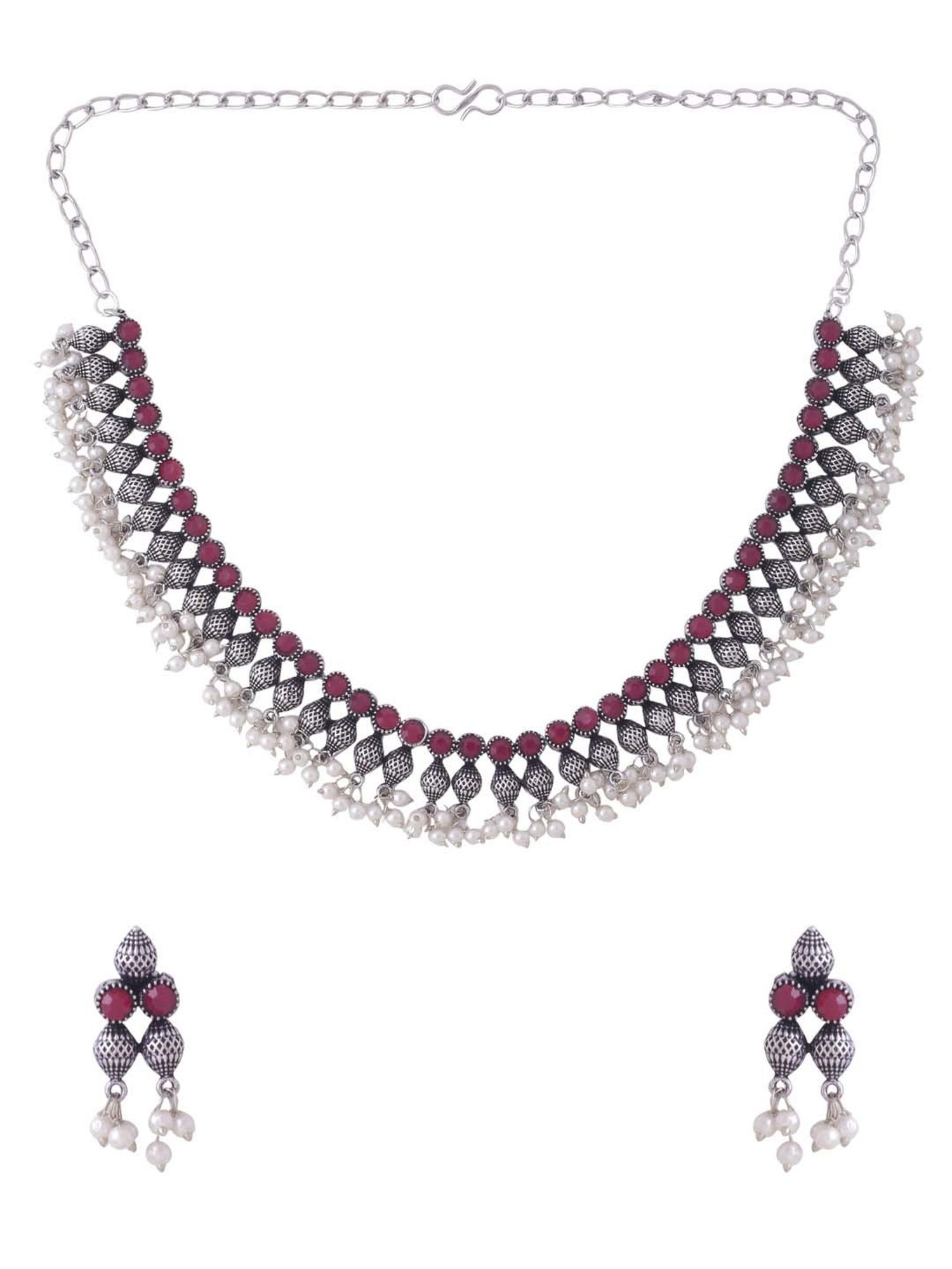 NVR Silver-Plated Stone Studded Oxidized Silver Jewellery Set for Women