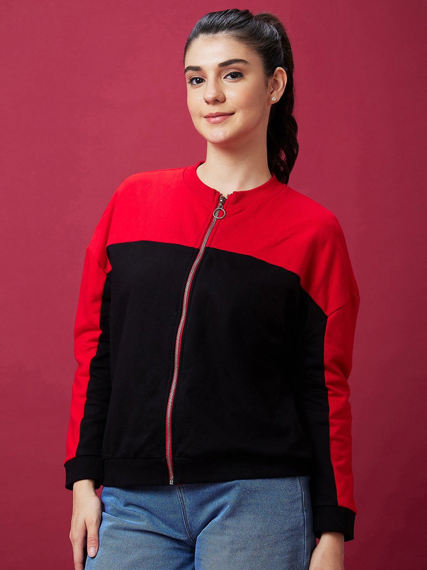Globus Black & Red Cotton Color-block Sweatshirt