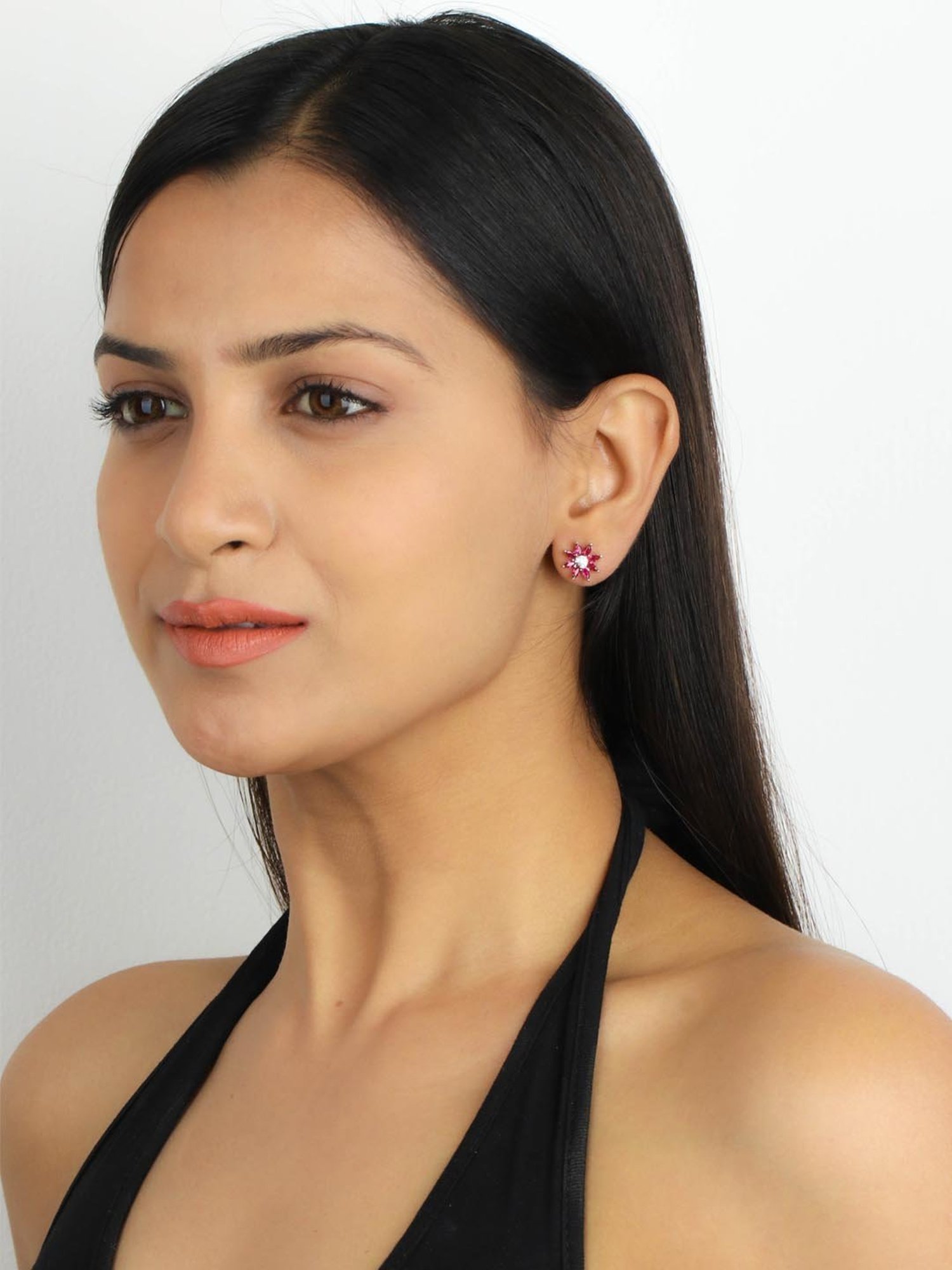 925 Silver Red Ruby and American Diamond Flower Stud Earrings for Women & Girls