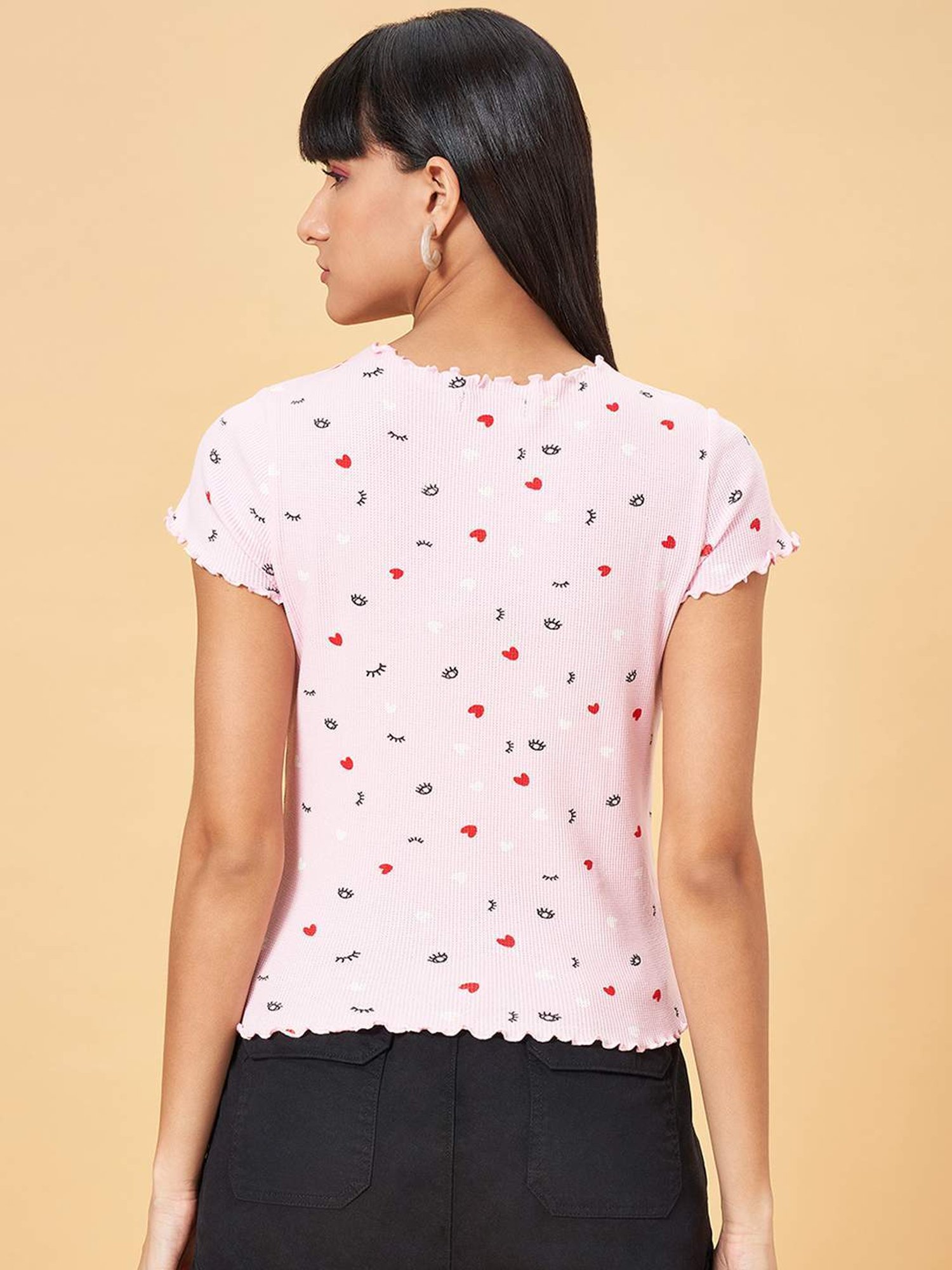 People by Pantaloons Candy Pink Cotton Printed T-Shirt
