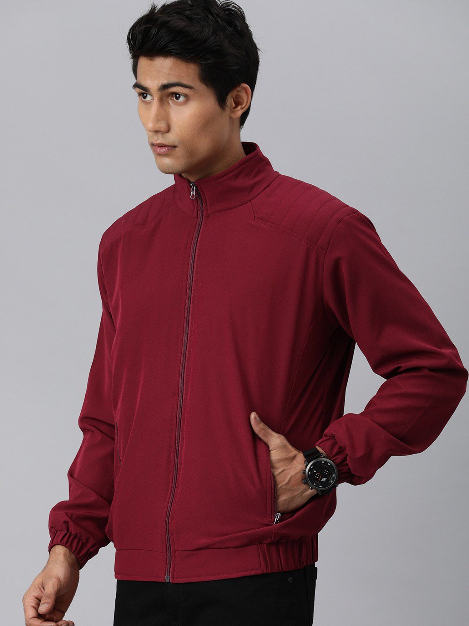 VOXATI Maroon Full Sleeves Mandarin Collar Jacket