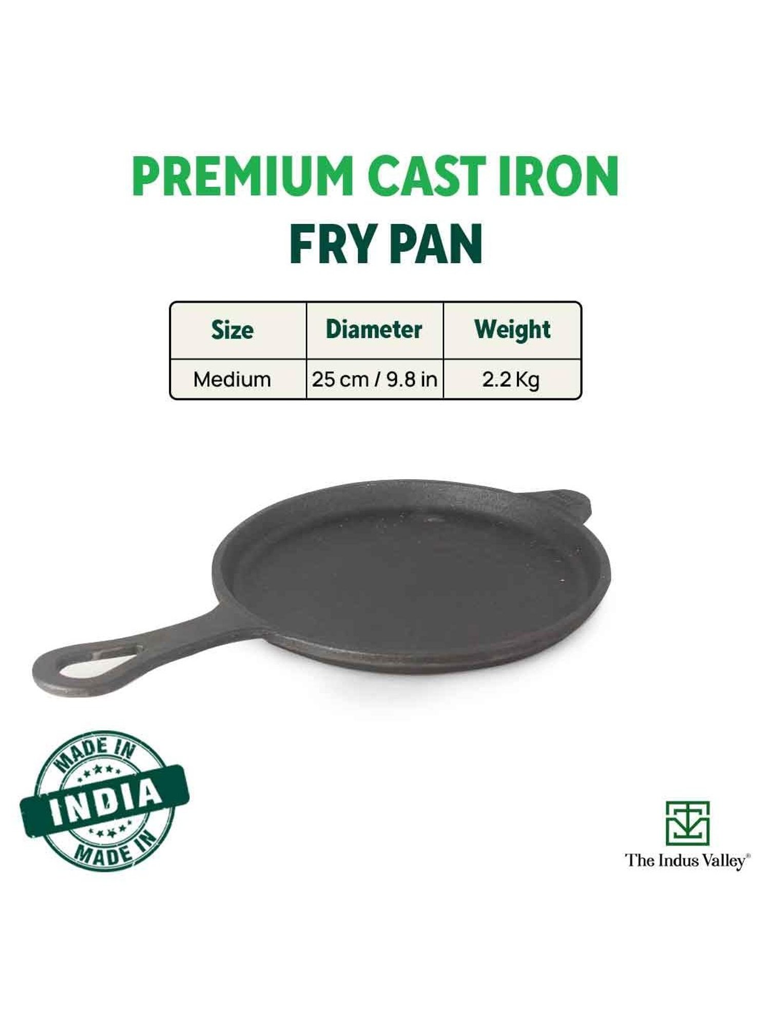 The Indus Valley Black Cast Iron Shallow Fry Pan with Long Loop Handle (25cm)