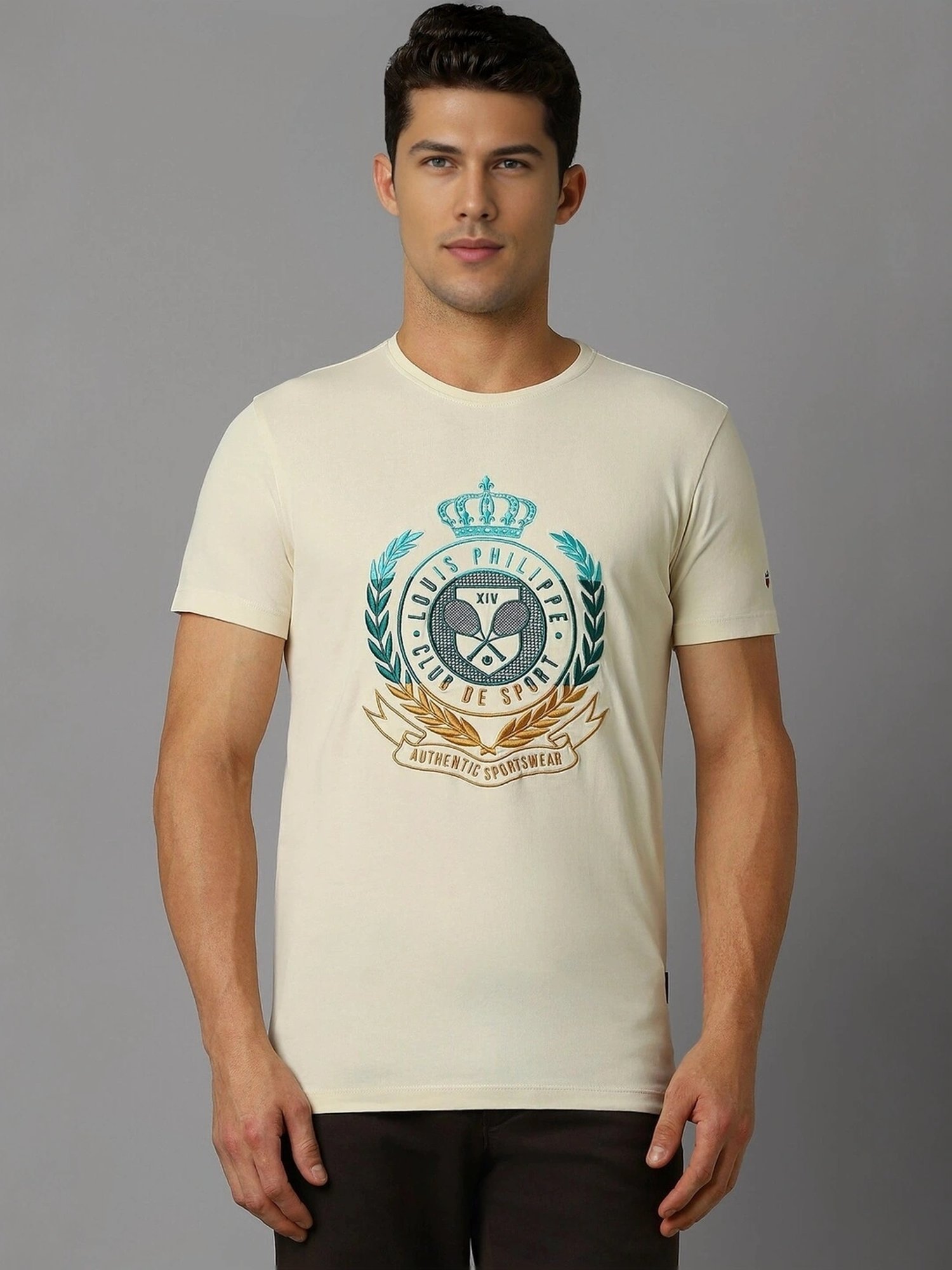 Louis Philippe Beige Cotton Slim Fit Printed T-Shirt