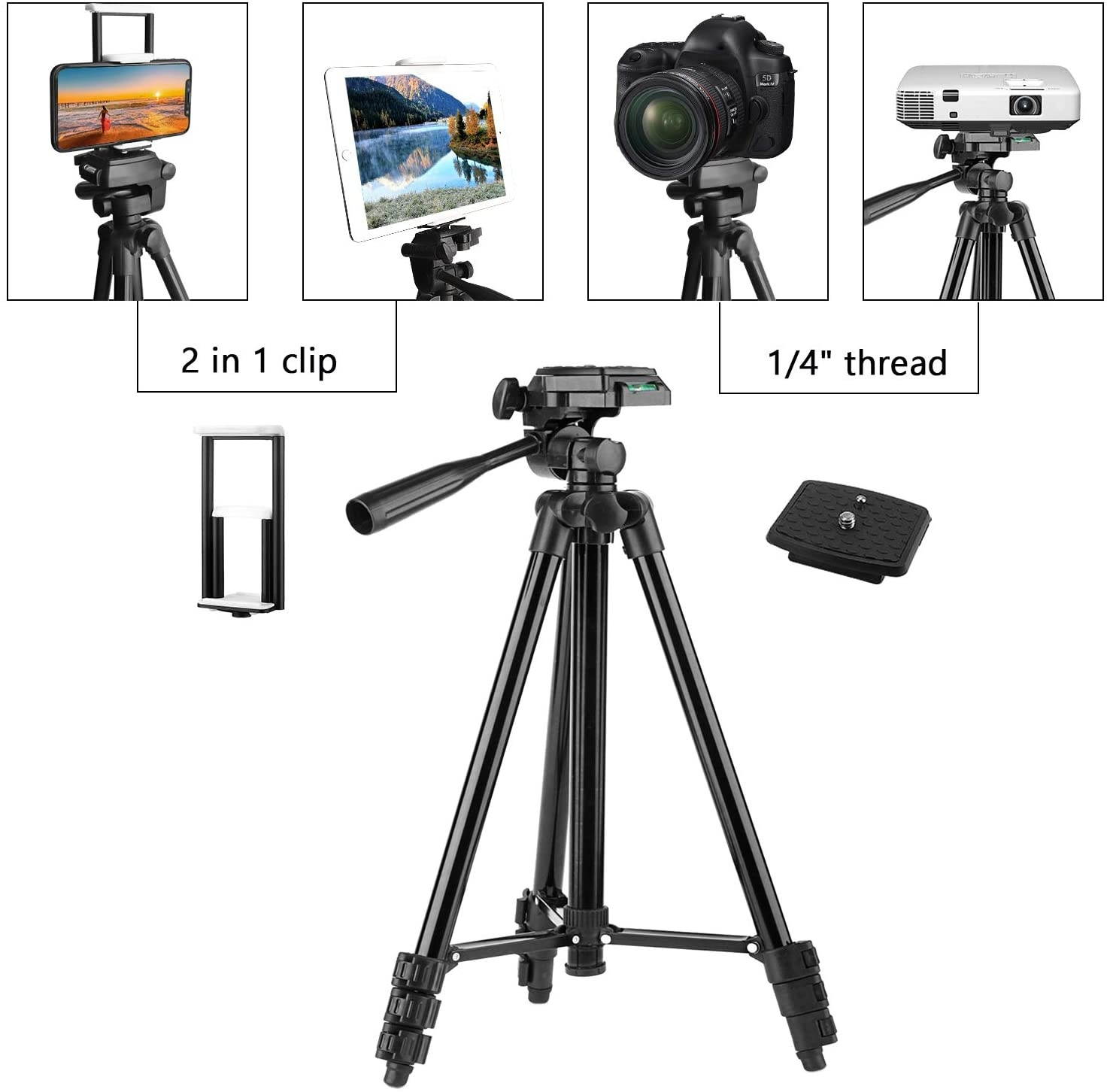 Compatible for iPad iPhone Tripod 55 Lightweight Aluminum Phone Camera Tablet Tripod + Wireless Remote + Universal 2 in 1 Mount Holder for Smartphone (Width 2.2-3.3)Tablet (Width 4.3-7.3)