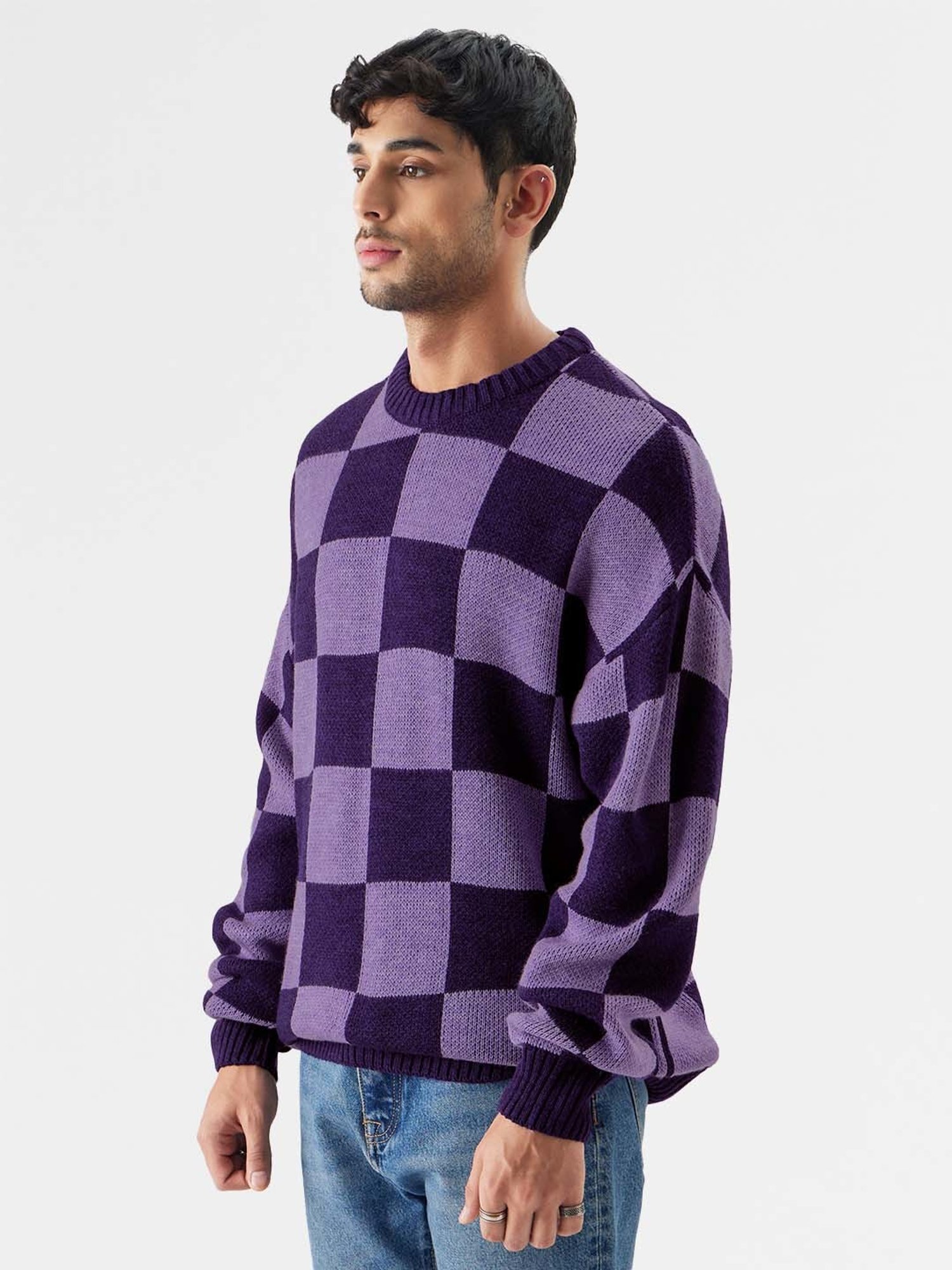The Souled Store Originals Purple Check Oversized Sweater