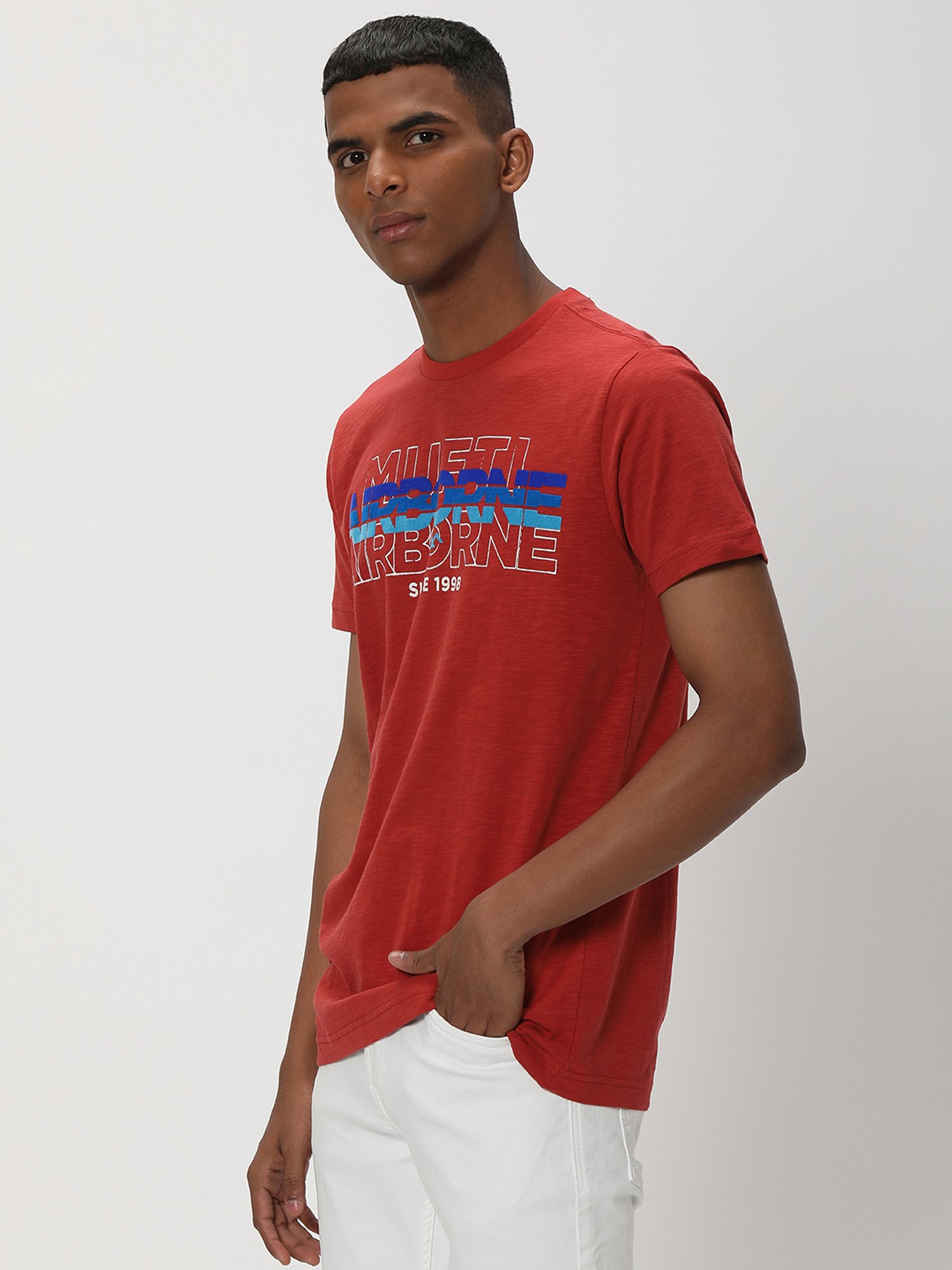 Mufti Red Slim Fit Printed Cotton Crew T-Shirt