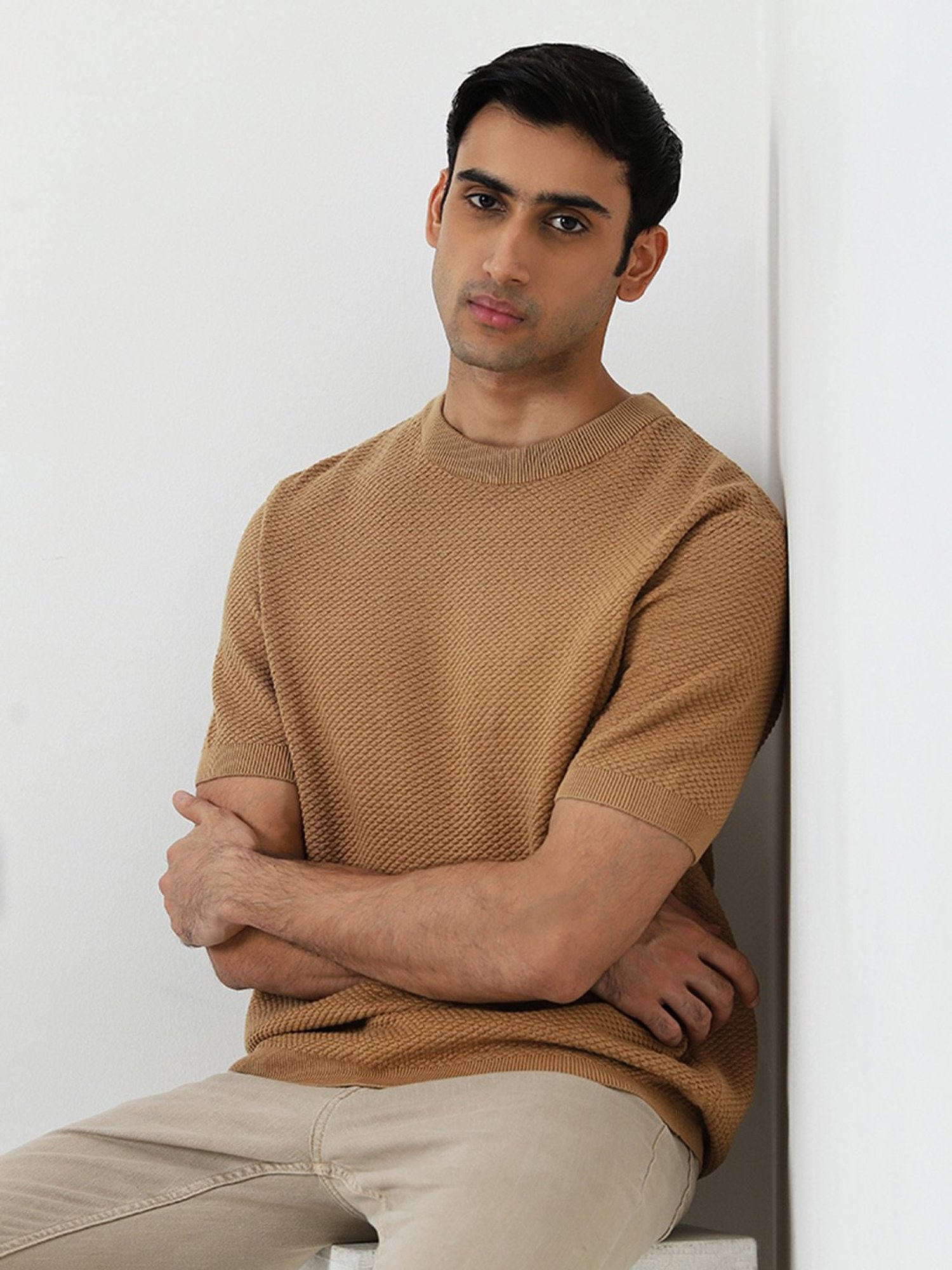 Ascot by Westside Tan Self-Textured Relaxed-Fit Cotton T-Shirt