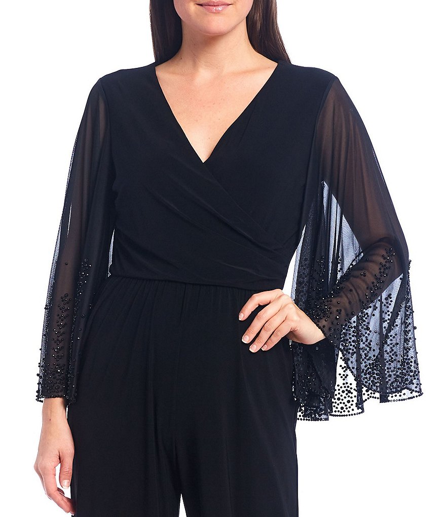 Marina V-Neck Embellished 3/4 Flared Sleeve Matte Jersey Jumpsuit