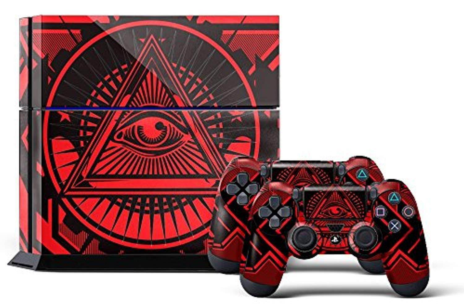 ps4 console designerskin for sony playstation 4 system plus two(2) decals for: ps4 dualshock controller - conspiracy - red