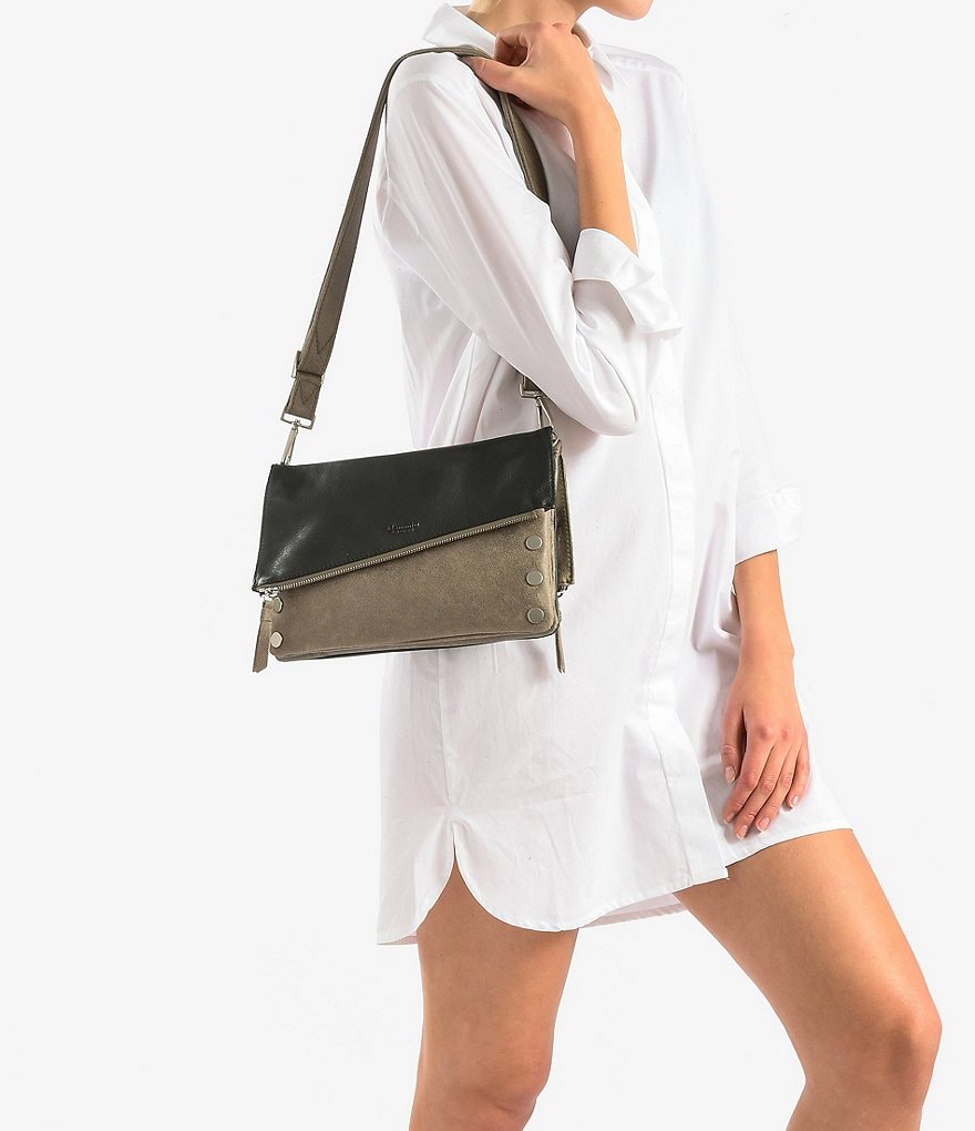 Hammitt Dillon 6-Way Fold Flap Snap Colorblock Medium Studded Pebbled Leather Crossbody Bag